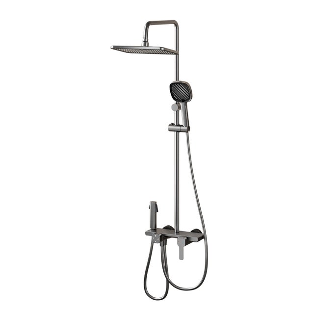 Colonne douche 4 fonctions gris gun, pommeau carré 26x20cm, douchette 3 jets, pistolet, cascade, hauteur 85-126cm