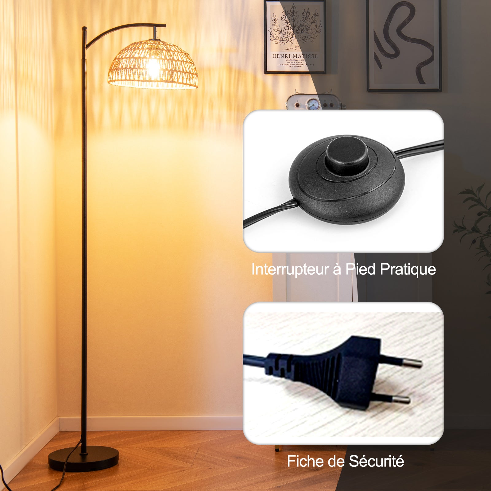 Lampadaire Arc Moderne 160 CM avec Abat-Jour Suspendu, Douille Standard E26 et Interrupteur à Pédale, Lampe Debout pour Salon, Chambre - 7