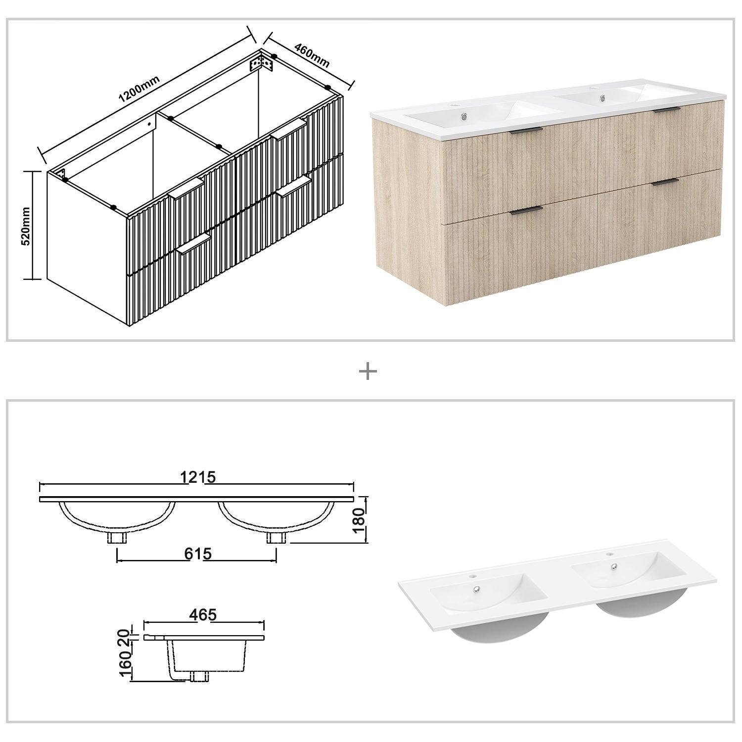 AICA Meuble de salle de bain mural 120 cm Chêne - 4 tiroirs + Lavabo double en céramique - 3