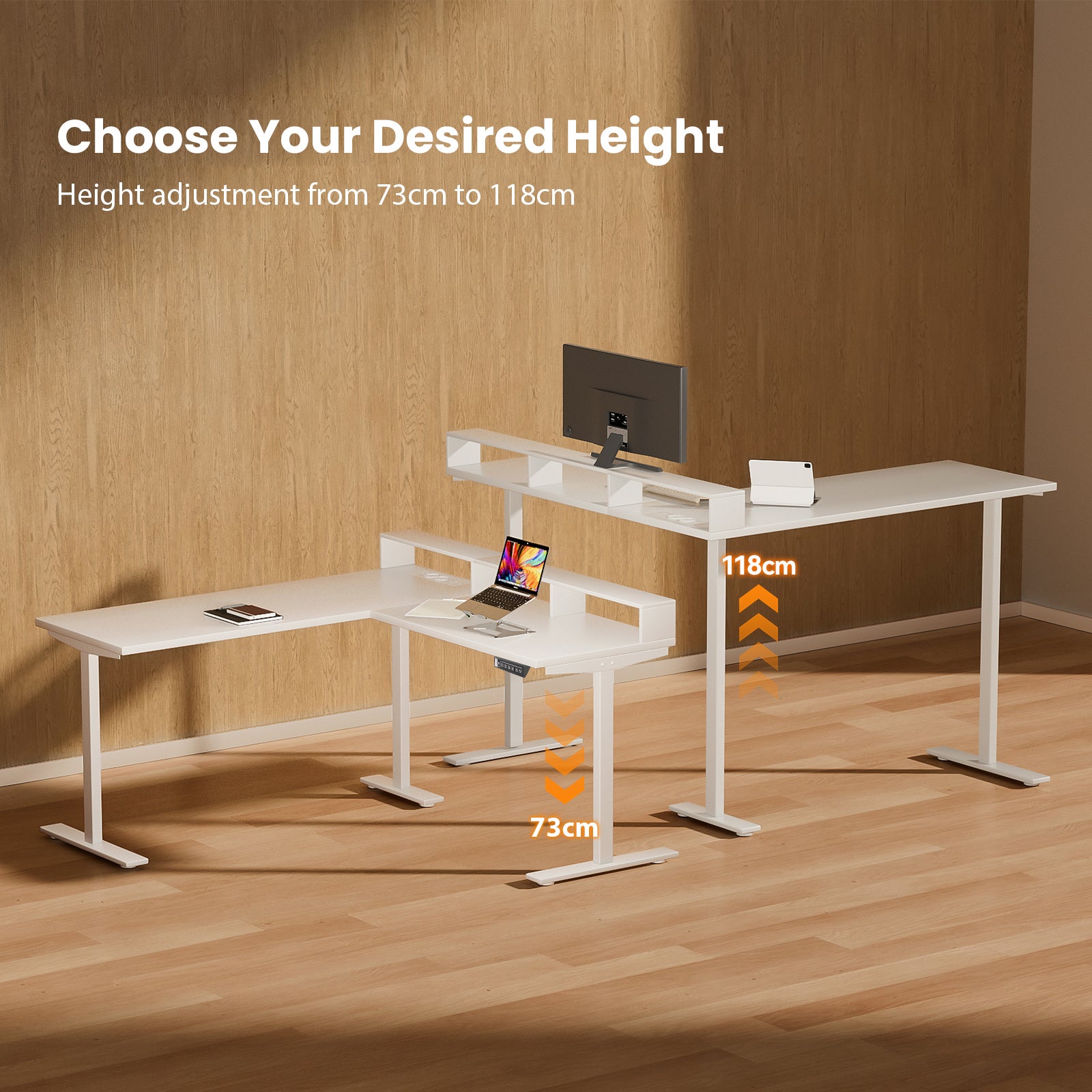 Bureau d'angle en L réglable en hauteur 160 x 140 cm – Bureau d’angle avec support écran, bureau électrique, L avec prises, blanc - 8