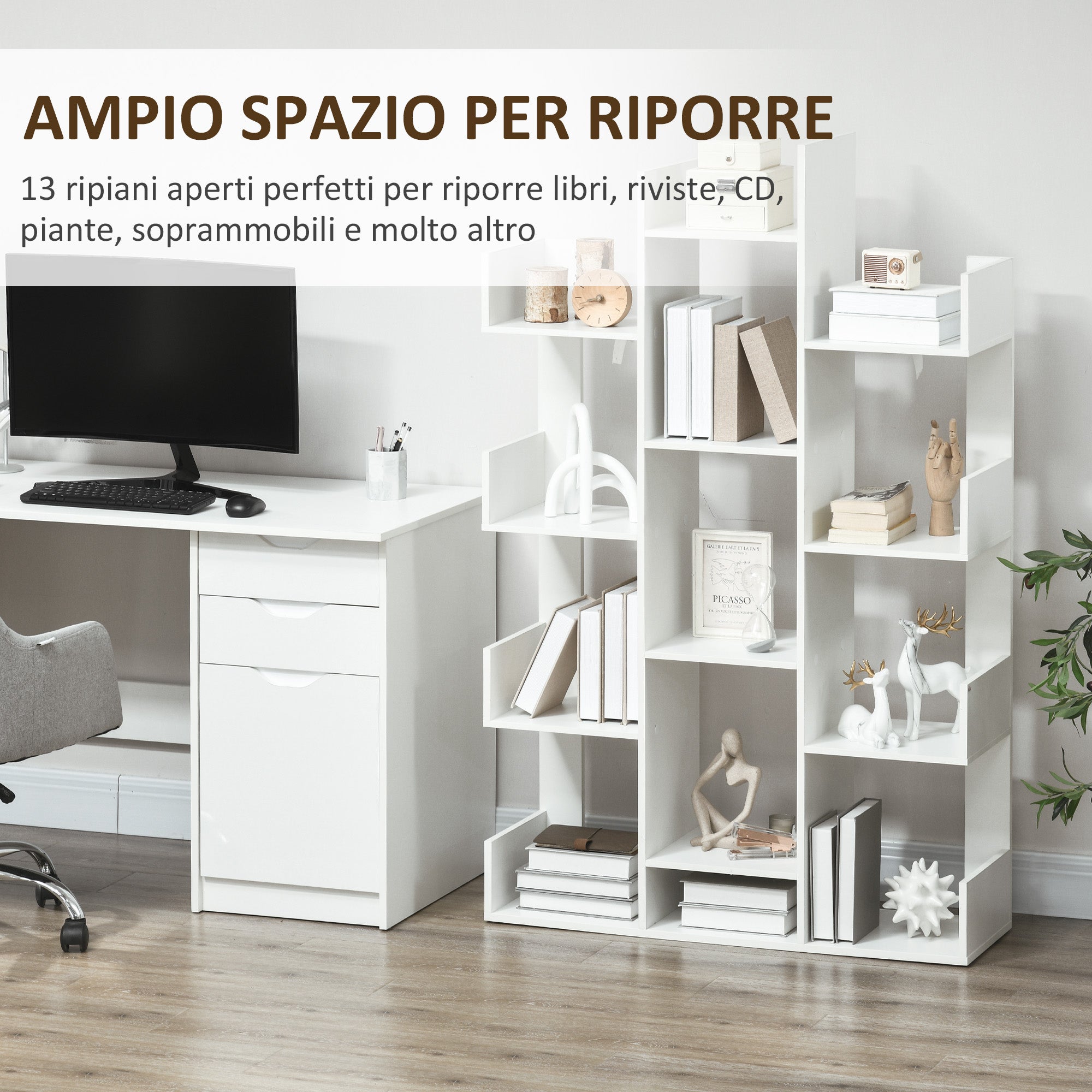 HOMCOM Mobile Libreria ad Albero con 13 Ripiani, Libreria Scaffale Moderna in Legno per Soggiorno, Studio, Ufficio, Bianco - 5