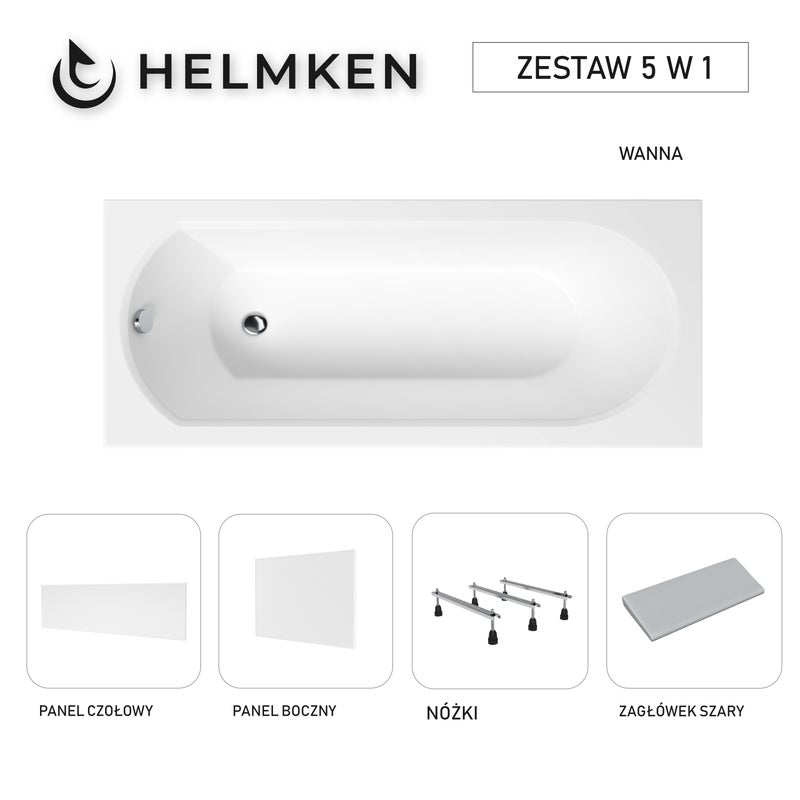 Wanna akrylowa Helmken Tressa 150 x 75 + Panel czołowy i boczny Biały + Zagłówek szary + Nóżki / 23097001ZW