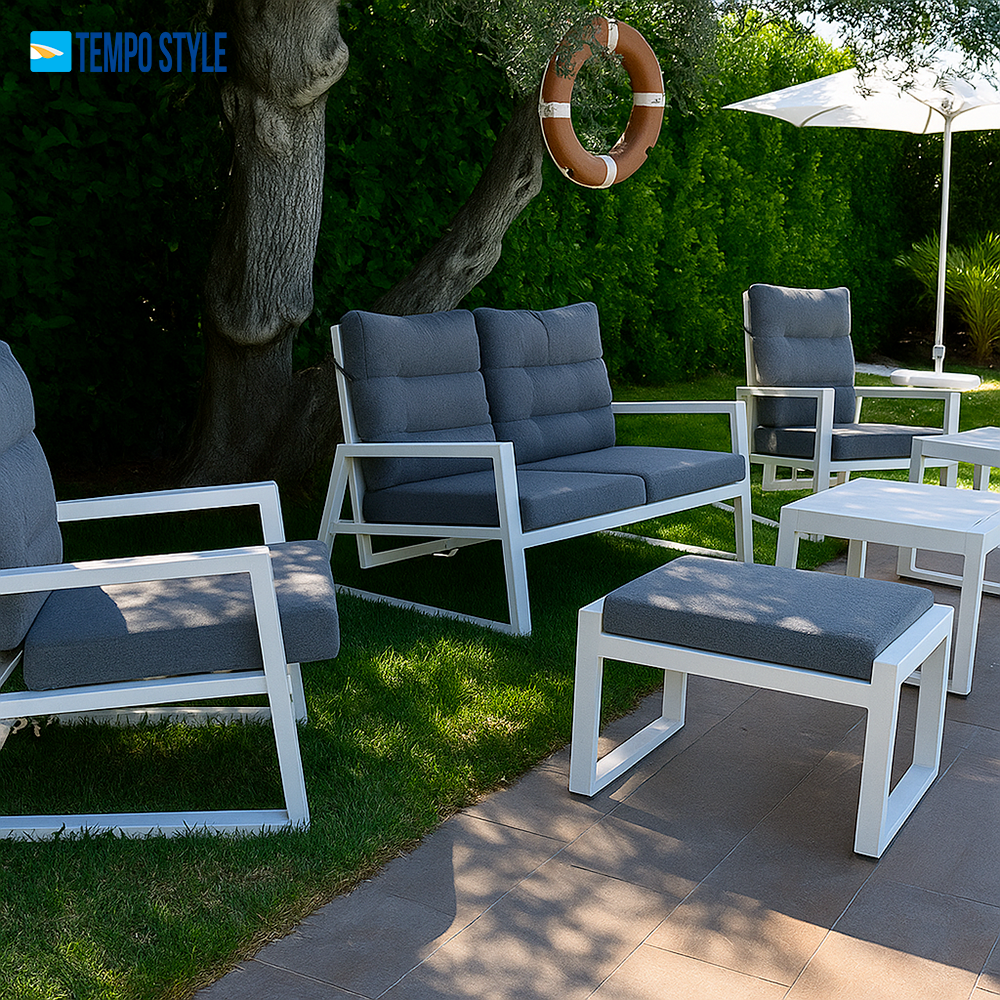 TEMPO STYLE - Puf MIKONOS w kolorze białym/szarym aluminium | Odporny na warunki atmosferyczne | Zdejmowana poszewka na poduszkę - 3
