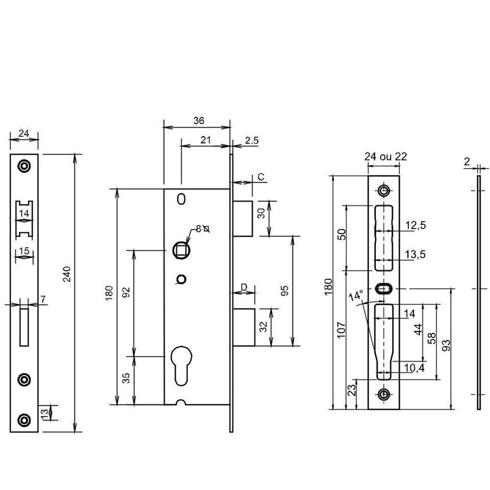 Serrure encastrable de porte et menuiserie metalique a cylindre Axe 21 mm Reversible Bricard - 4