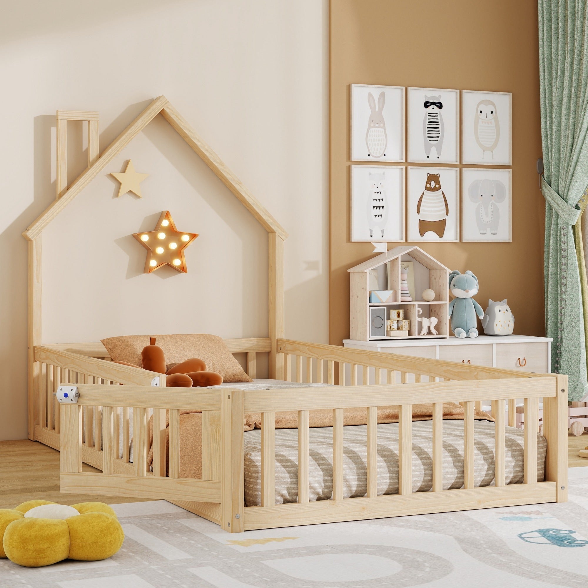 Cama infantil suelo,90x200,cama Montessori,cama infantil con forma de chimenea,cama infantil tipo cabaña con somier,cama individual,madera de pino - 2