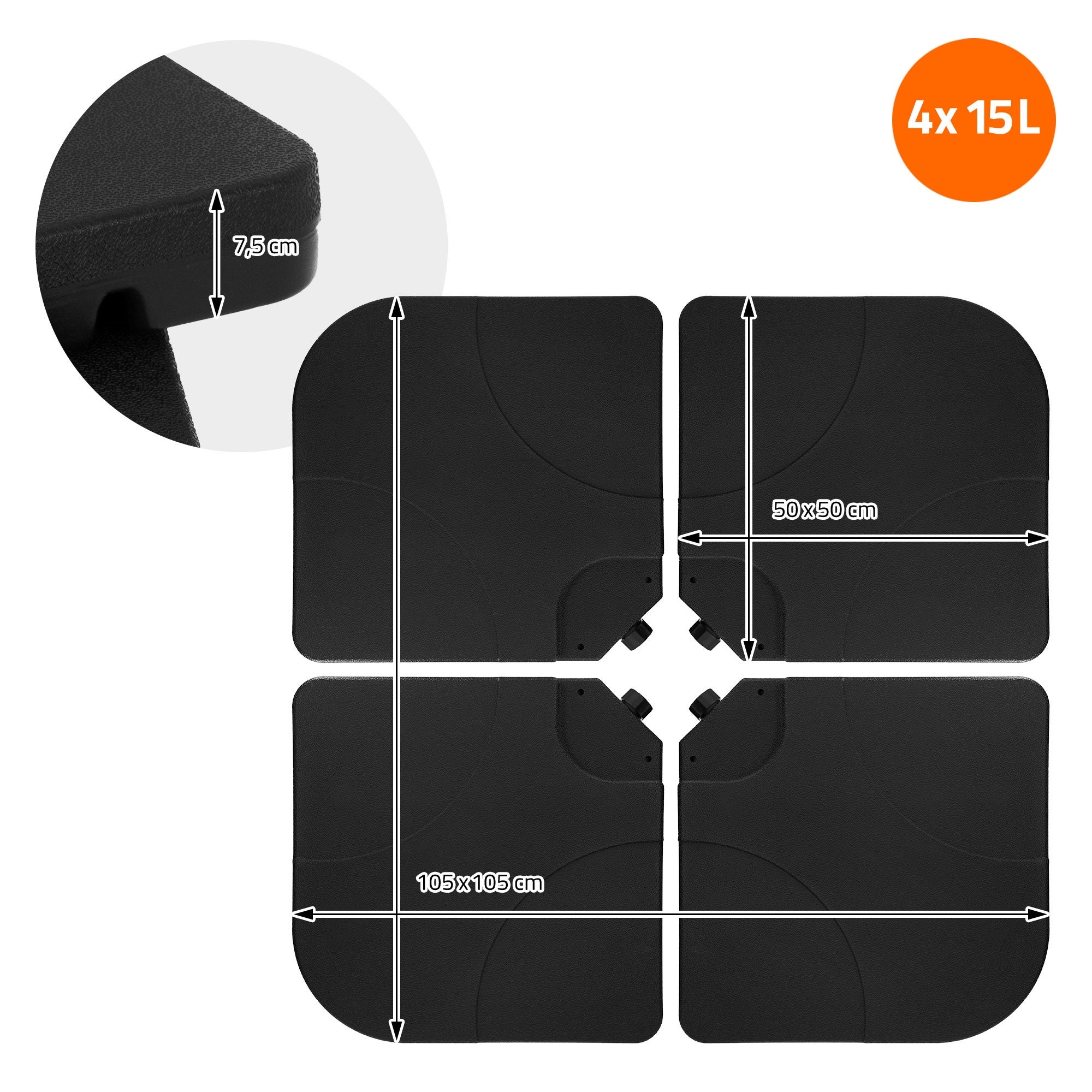 Lot de 4 poids de lestage pour base de parasol déporté noir en plastique dalles remplissables 60 L eau ou 80 Kg sable plaques pour support en croix - 2