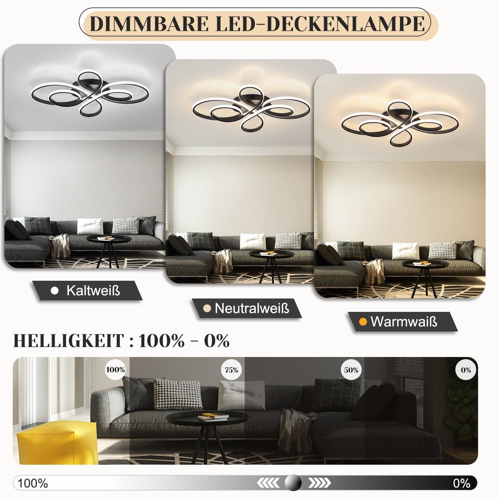 NETTLIFE Czarna lampa sufitowa LED ściemnialna 80 cm Salon 78 W Nowoczesna sypialnia z pilotem Idealny projekt do jadalni Biura Kuchni - 2