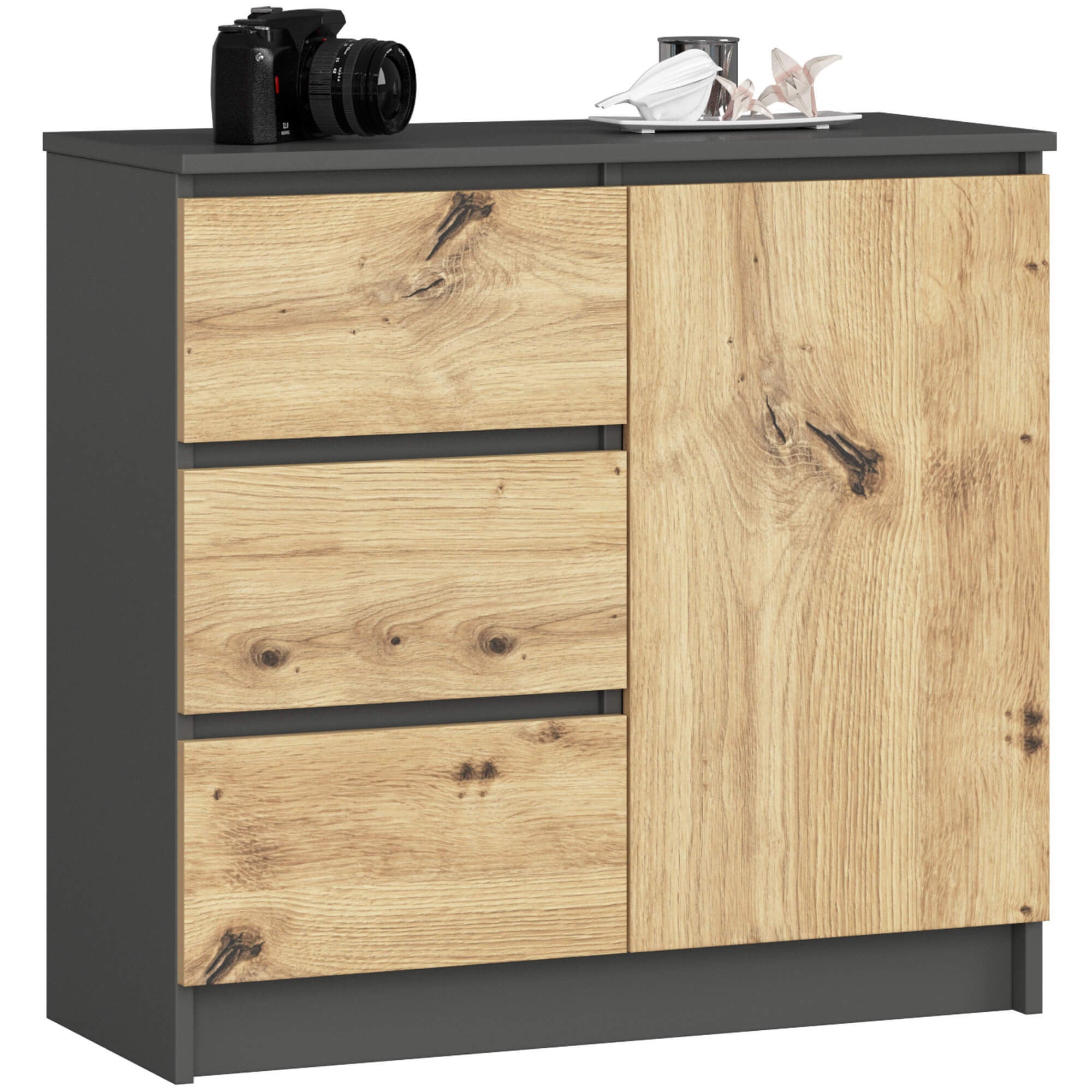 Komoda AKORD JERRY Grafit Szary 80 cm 1 drzwi 3 szuflady kolor Dąb Artisan mat 2 półki 80x35x77 cm