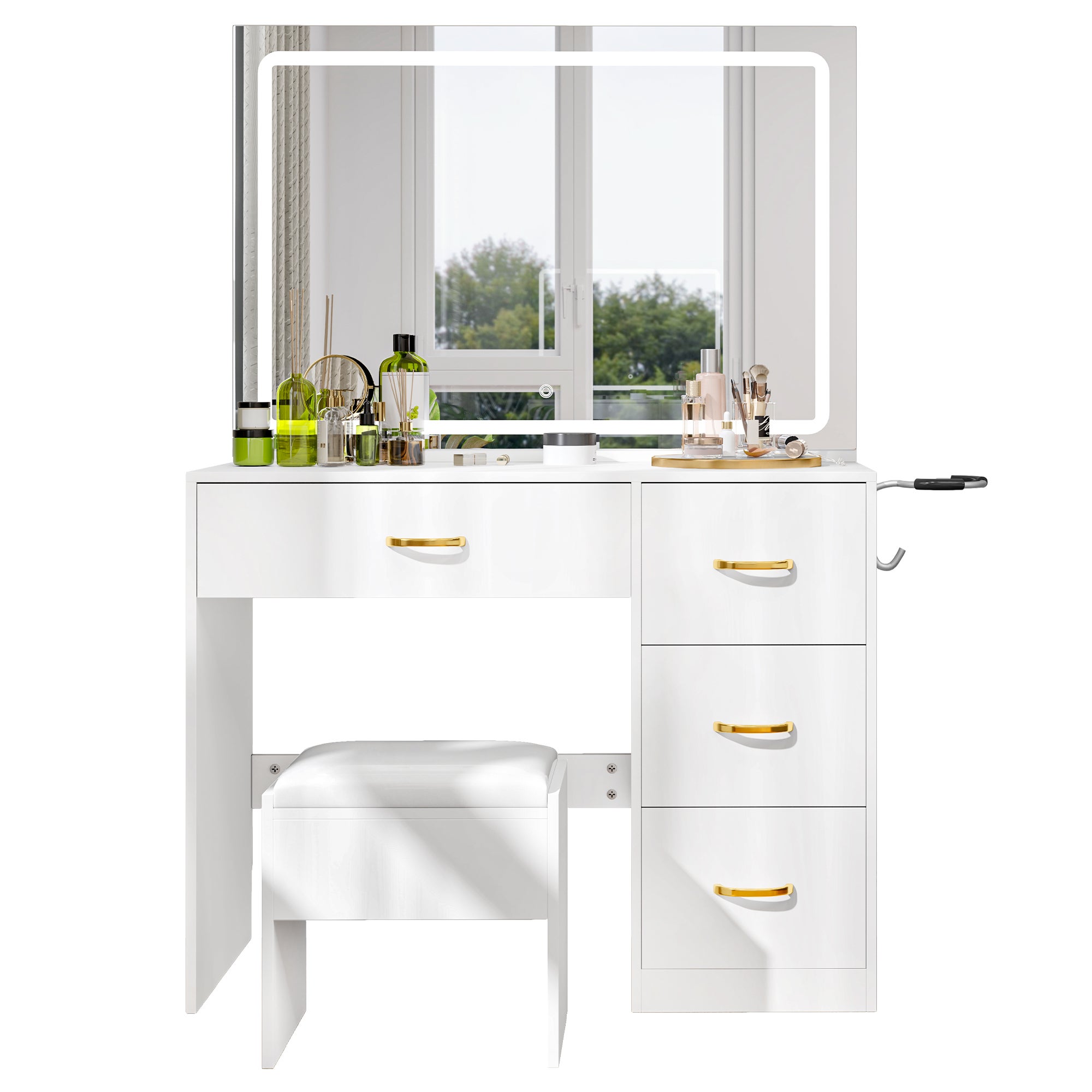 Coiffeuse Avec Miroir LED Et Tabouret - Design Moderne Blanc Avec Plateau En Céramique Et Tiroirs