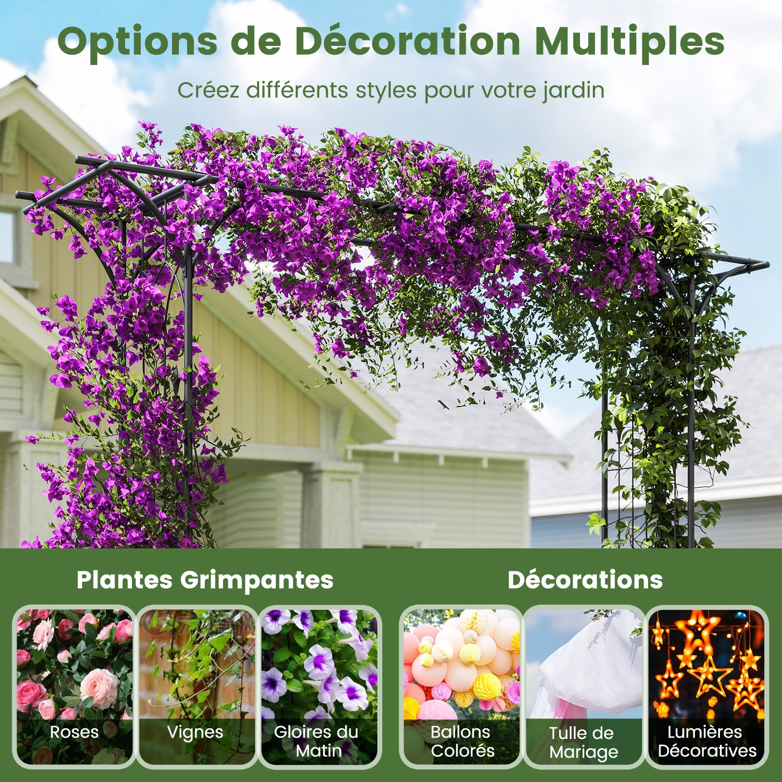 Arche de Jardin en Métal pour Plantes Grimpantes, Arceau à Rosiers en Treillis Extérieur 205x52x206CM, Support de Toile de Fond Élégant, Noir - 8