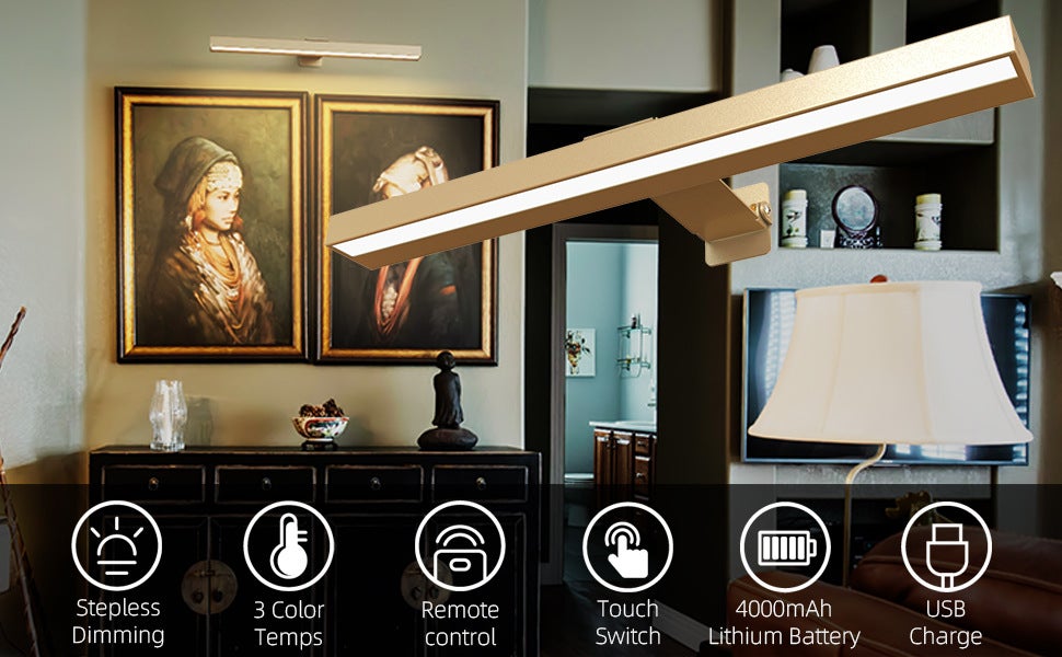 Applique a LED senza fili con telecomando, ricaricabile tramite USB, illuminazione magnetica per quadri, bagno, specchio, vetrine (oro 40 cm) - 6