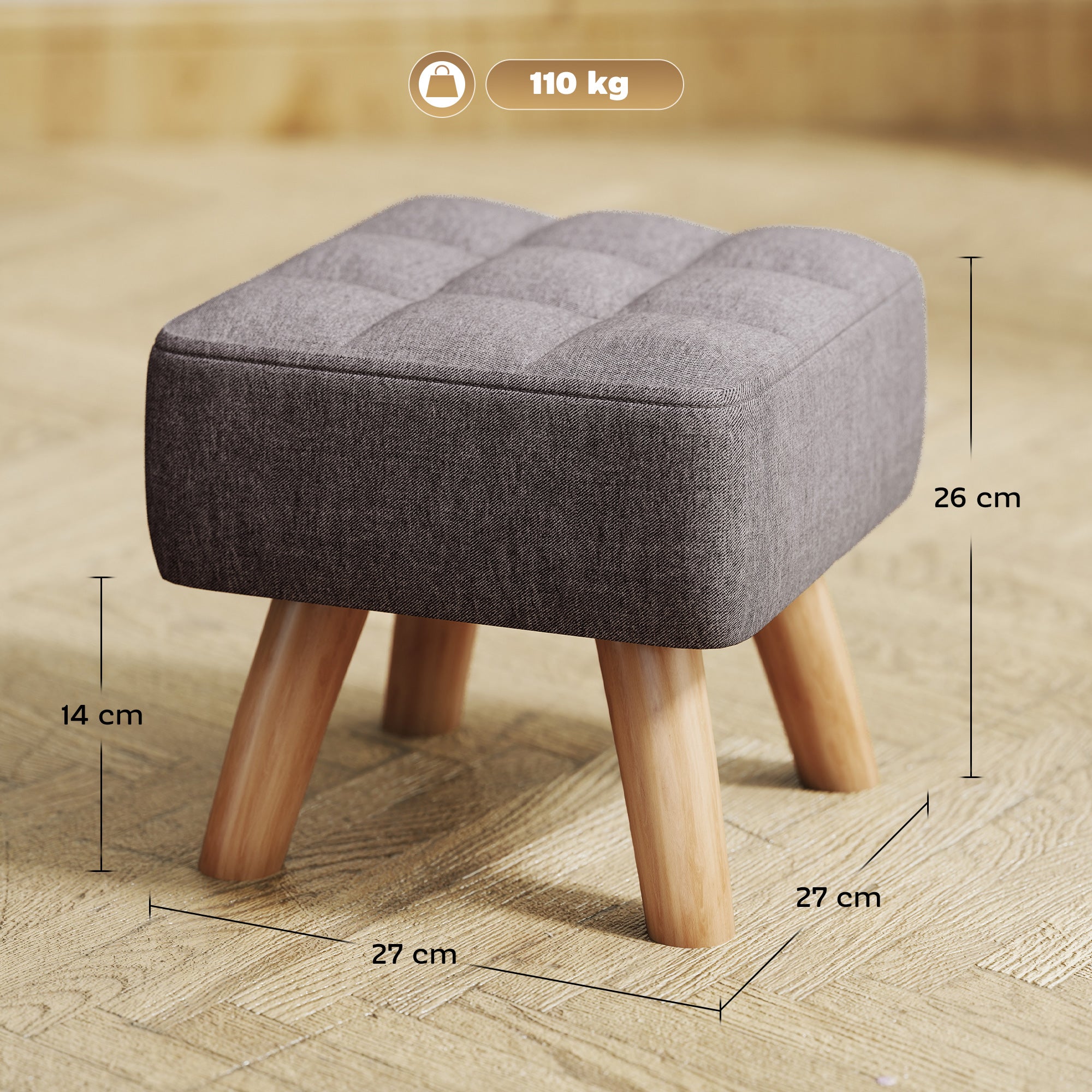 Repose pied salon - HOMCOM - siège rembourré en tissu - avec pieds en bois - pour salon chambre - 27 x 27 x 26 cm - gris - 3