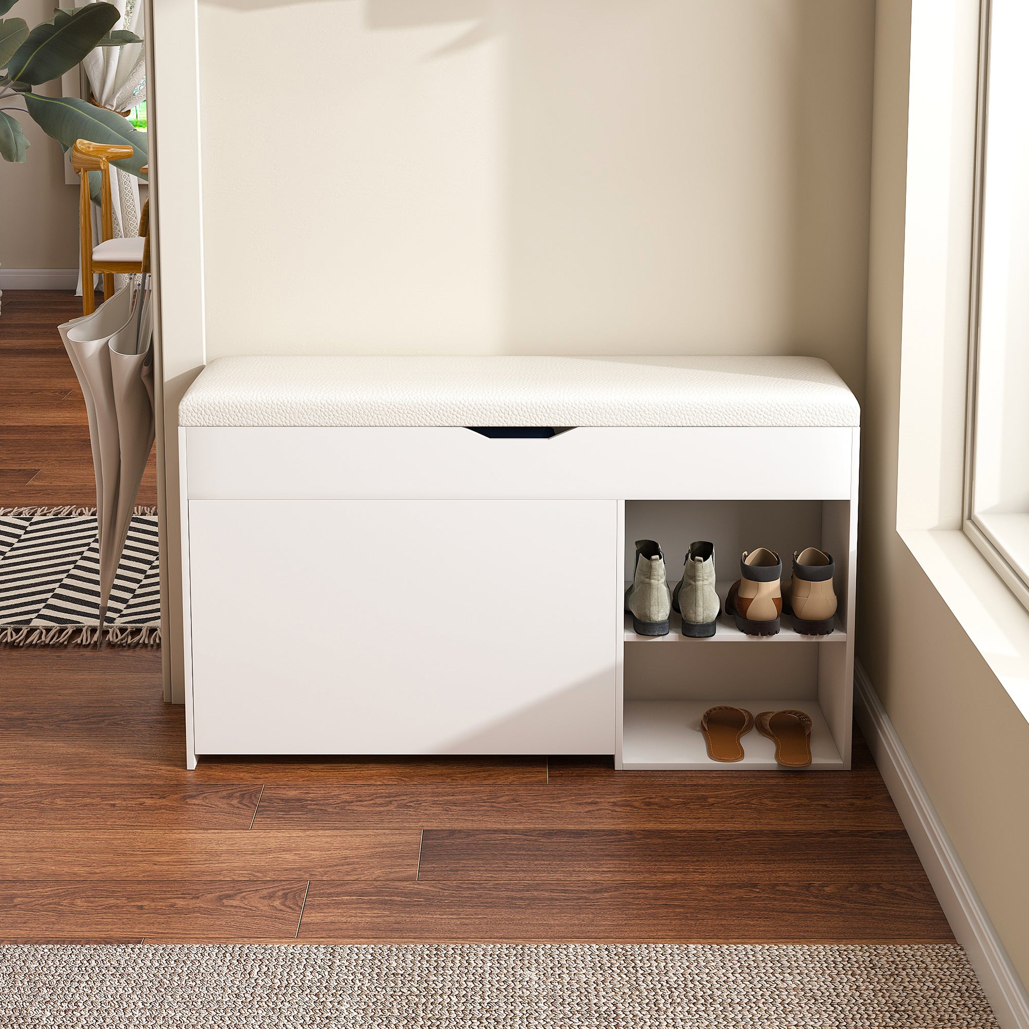 Banc à chaussures 100x30x52 cm, rangement avec couvercle rabattable, MDF blanc - 8