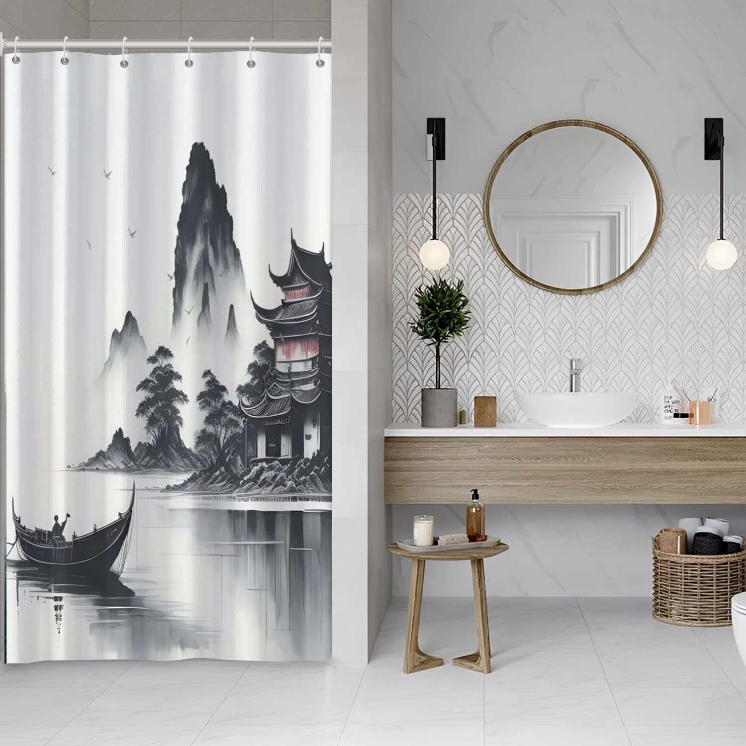 Zasłona prysznicowa 90x180 cm z motywem azjatyckiego atramentu, styl japoński, mgiełka, łódź górska, gęś, zasłona prysznicowa na zewnątrz, natura