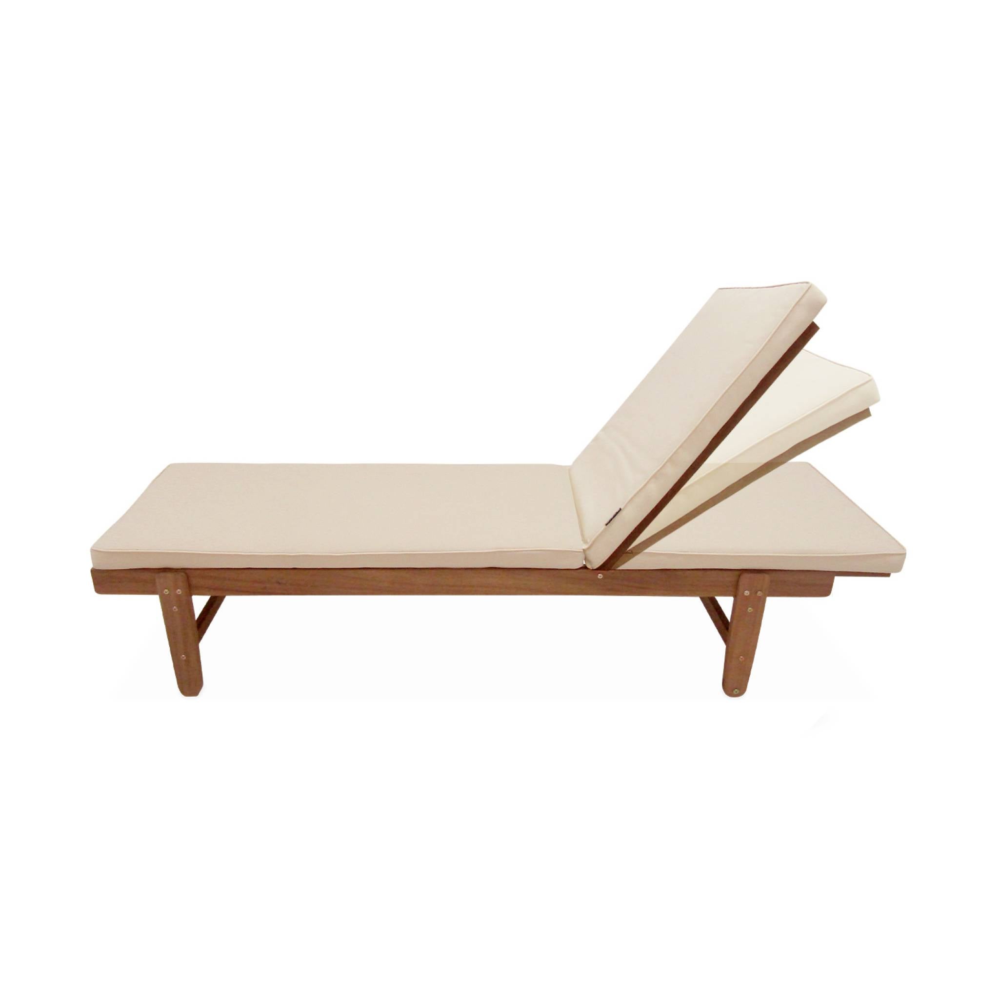 Set de 2 bains de soleil en Acacia – AREQUIPA – Transats avec coussins beige et roulettes. multi positions AREQUIPA - 7