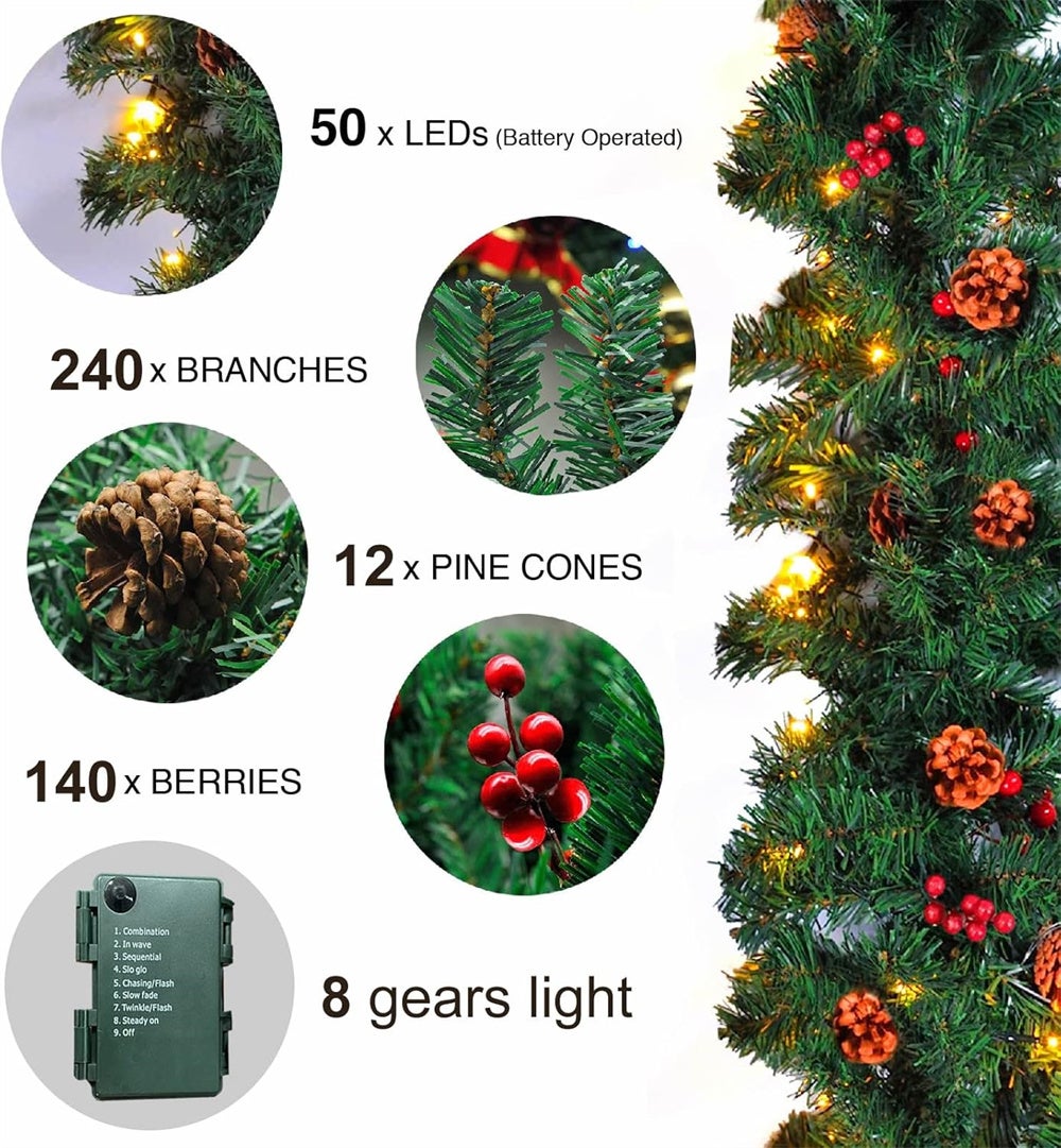 Ghirlanda natalizia artificiale da 270 cm, luce calda, decorata con pigne e bacche, collezione natalizia, con 5 metri e 50 luci, senza batterie - 4