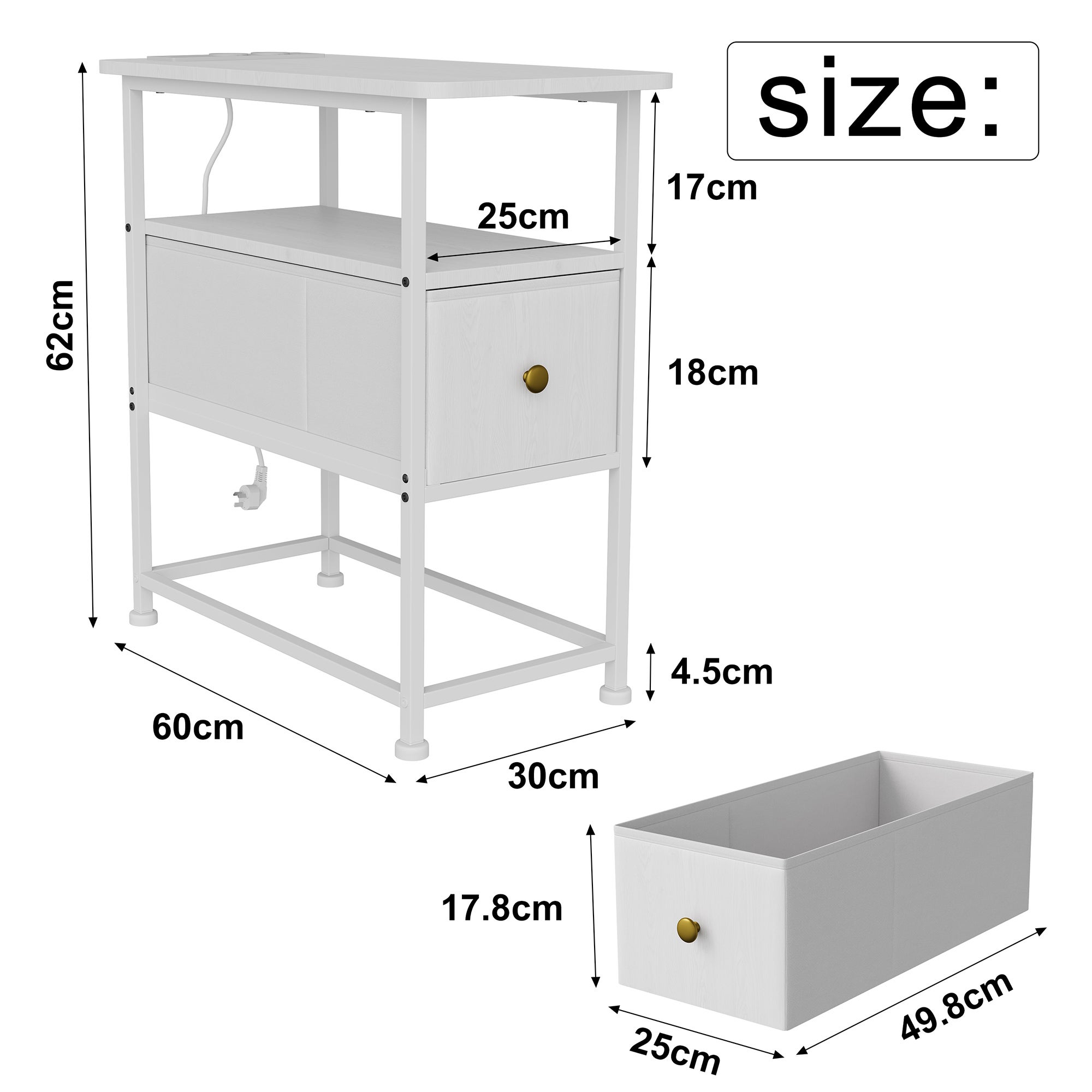 Table d'Appoint avec tiroirs - prise électrique incluse, structure en métal, pieds antidérapants, espace de rangement ouvert - 60x30x62 cm - blanche - 6
