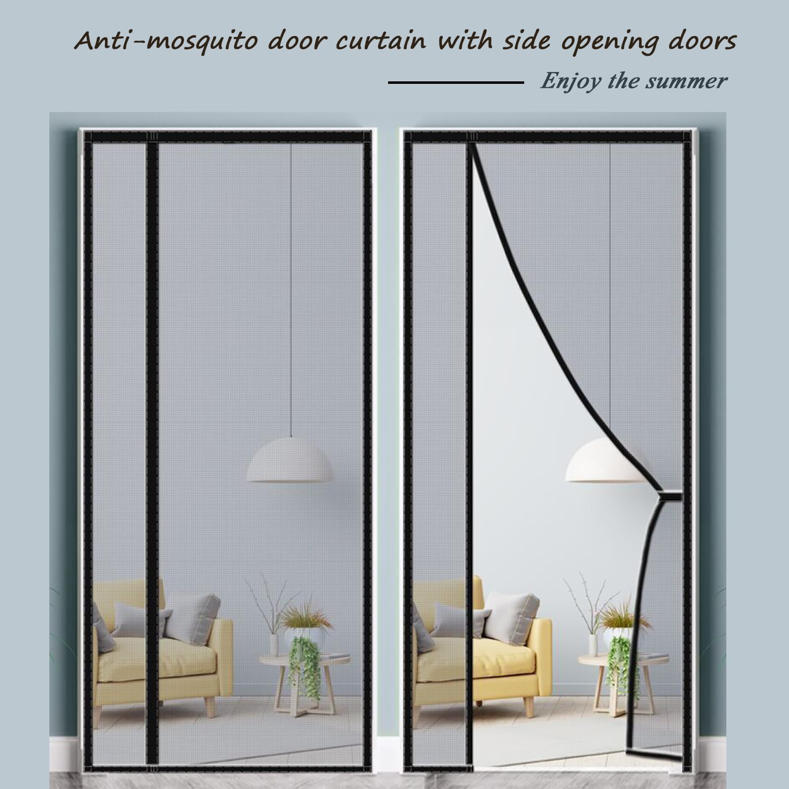 Puerta Mosquitera Magnética de Apertura Lateral - Cierre Magnético, Antiinsectos, Manos Libres, Cortinas para Puerta, Negro, 95x210cm - 6