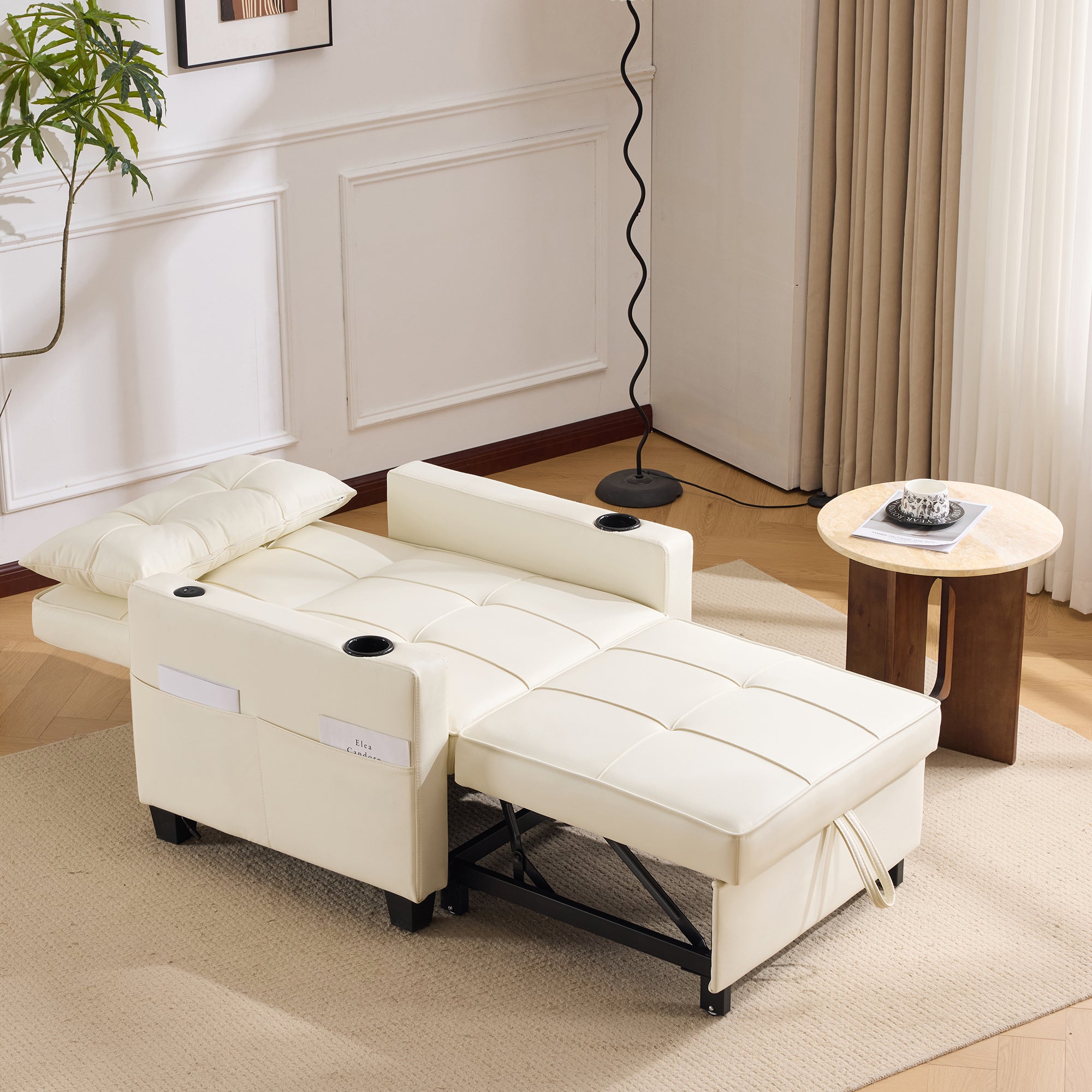 Canapé-lit simple convertible 3 en 1 avec porte-gobelets et port USB , Fauteuil avec 1 Oreiller, Poche de Rangement Latérale, Beige - 6