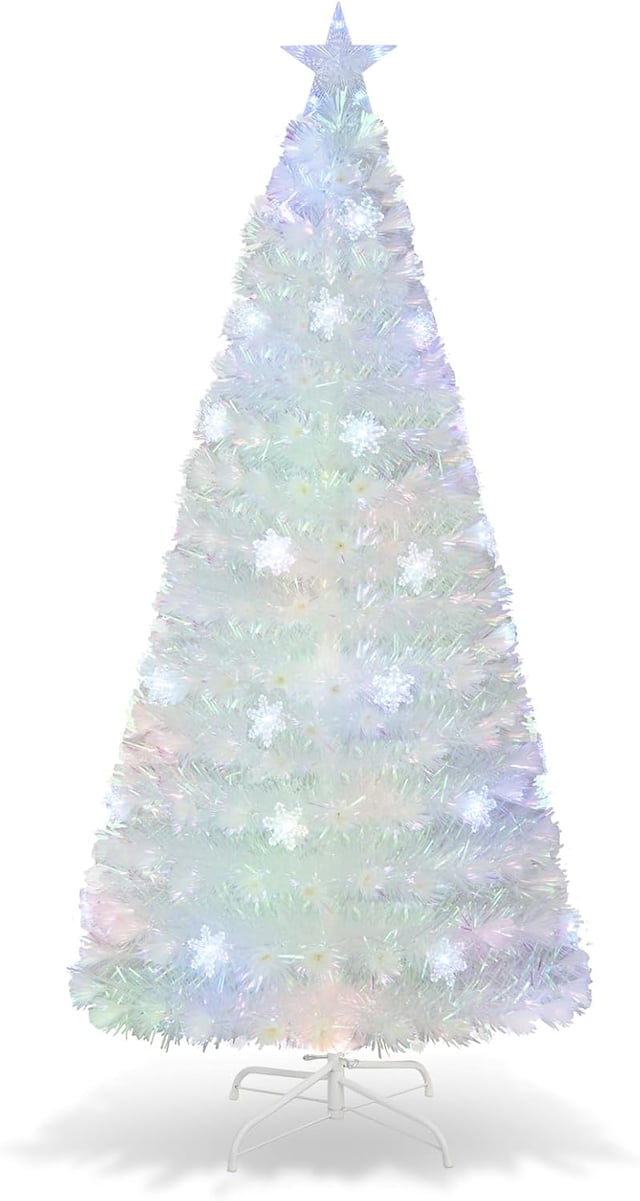 Arbre de Noël Artificiel Lumineux 180CM avec Fibre Optique Colorée & 225 Branches & 3Lumières LED, Décoration de Noël avec Flocons de Neige