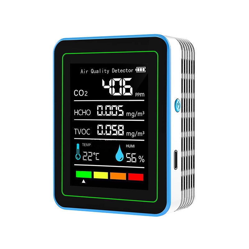 Moniteur Qualité Air 5 En 1 Portable – CO2 HCHO TVOC Température Humidité – Batterie 1200 MAh Blanc
