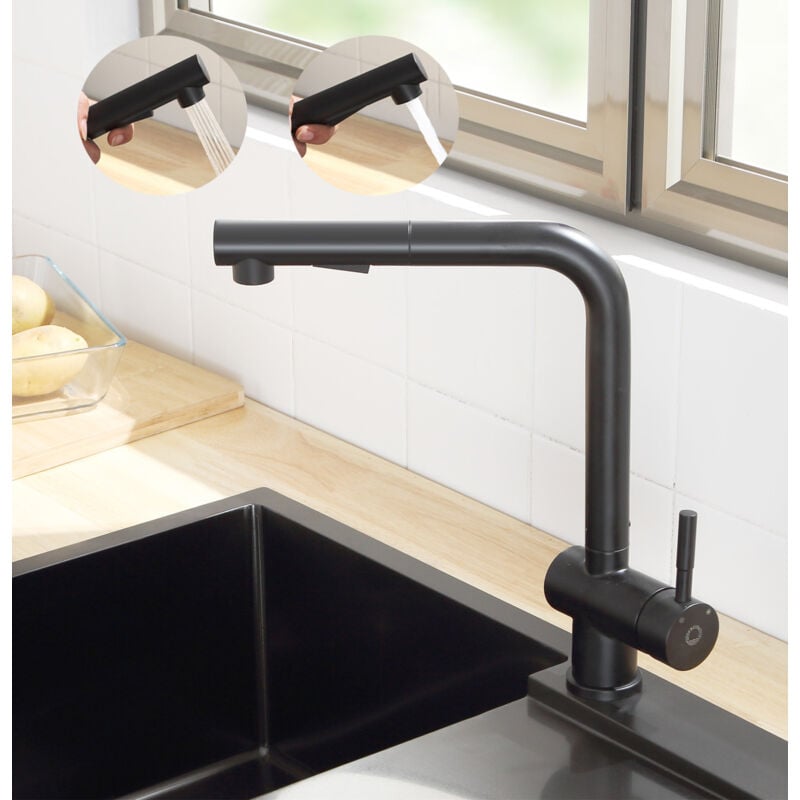 Bateria kuchenna wysokociśnieniowa z wyciąganą wylewką - 2 strumienie wody - obrotowa 360° - nowoczesny design ze stali nierdzewnej