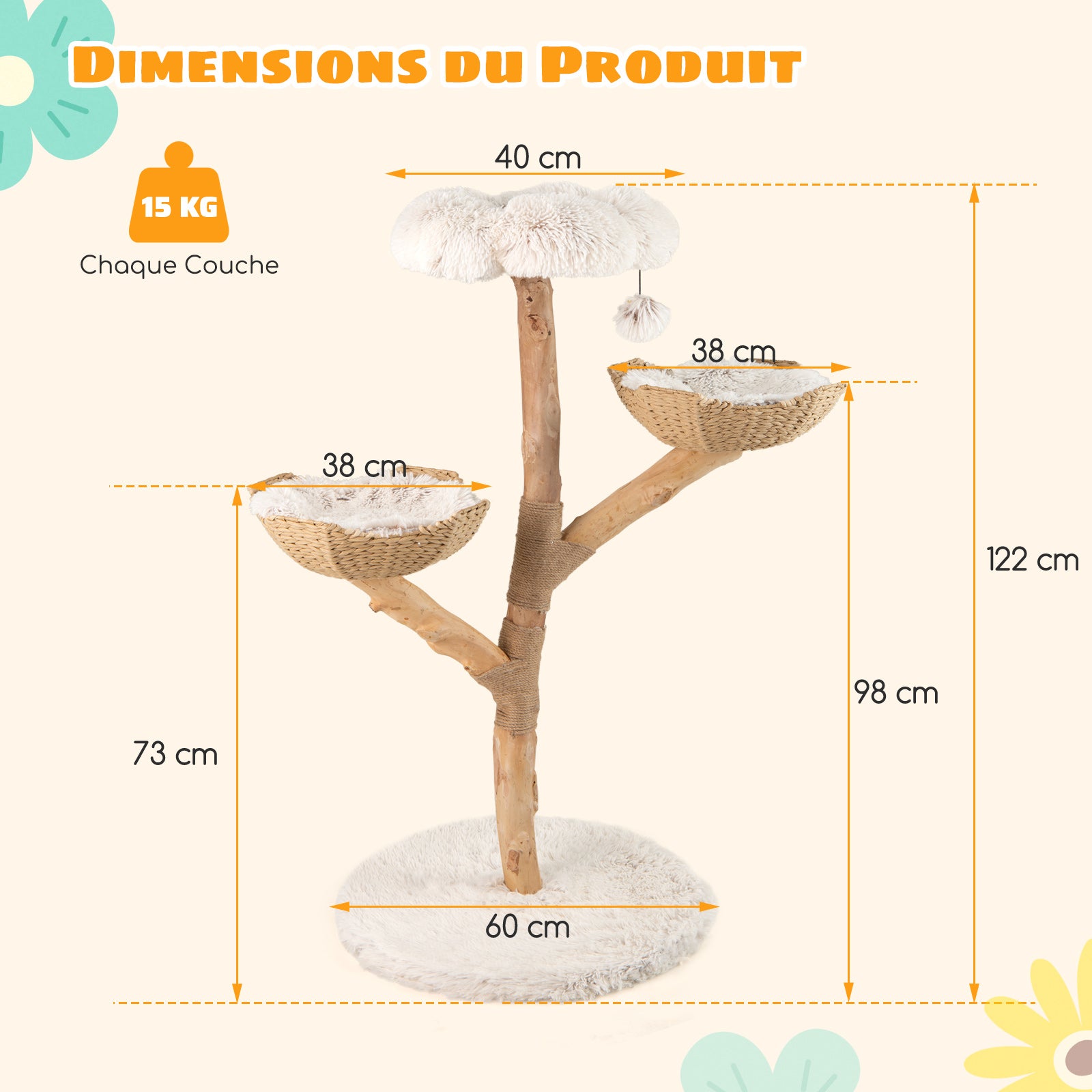 Arbre a Chat XXL 122 cm, Arbre a Chat en Bois Massif, 2 Paniers en Rotin, 2 Plateformes, Poteau à Griffer en Jute, Tour pour Chaton, Pompon Suspendu - 3