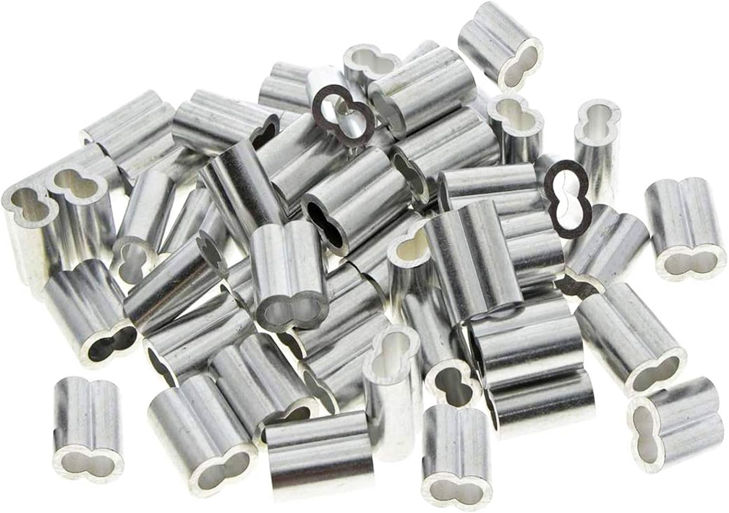 50 sztuk aluminiowych podwójnych tulei, lina stalowa 3 mm, zaciski z pętlą zaciskową z podwójnymi końcami, srebrne (3 mm)
