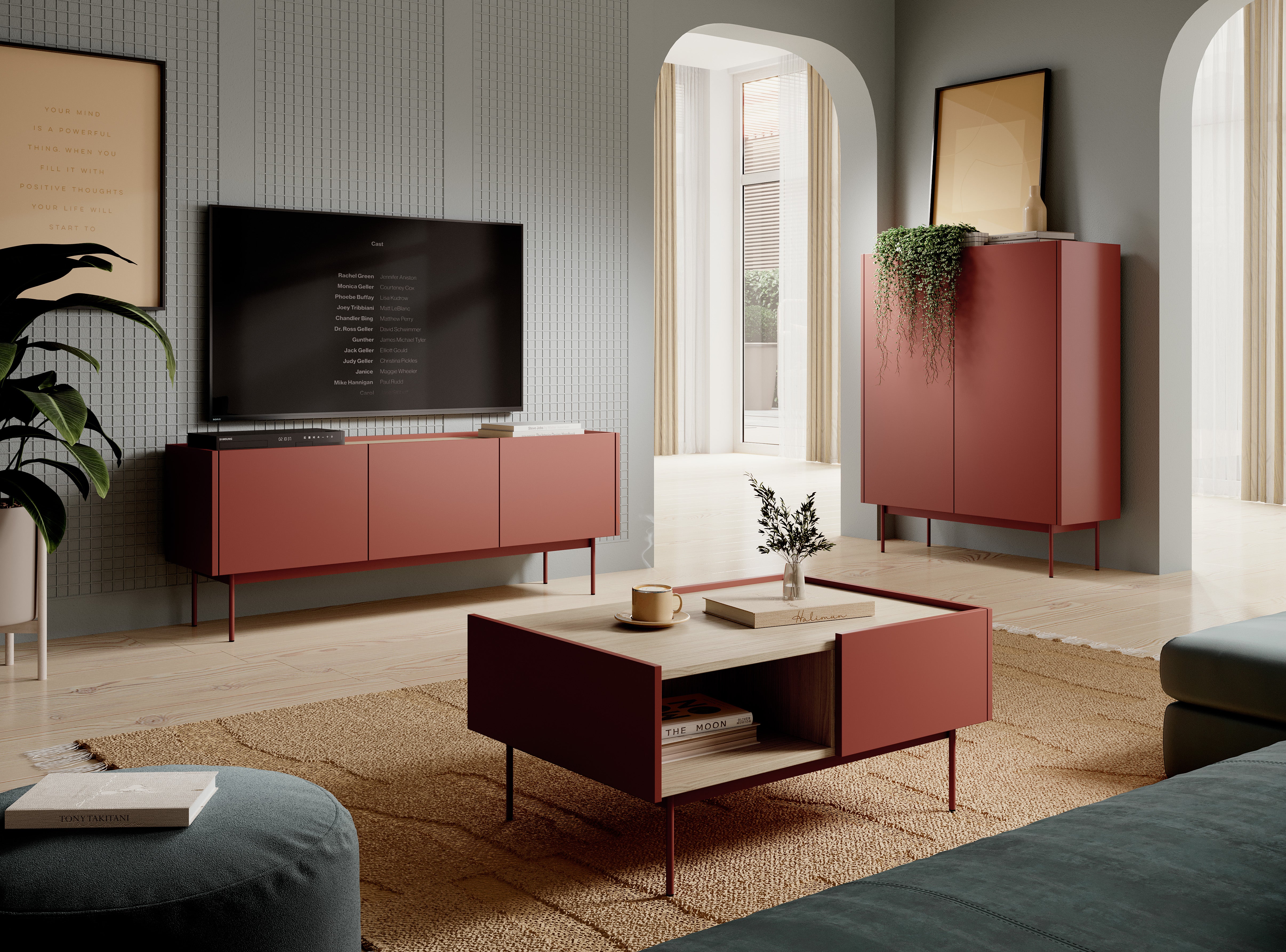Szafka RTV, Cegła, blat: dąb Linea, 144 x 55 x 37 cm - 5