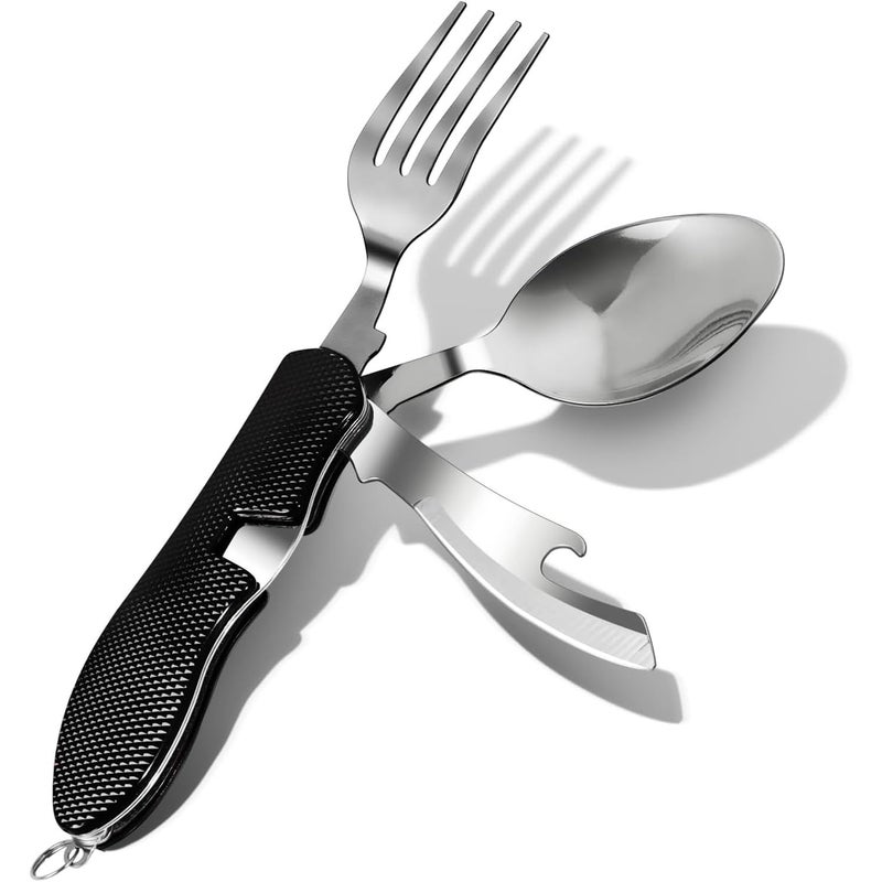 Zestaw składanych sztućców kempingowych 4 w 1 ze stali nierdzewnej – wyjmowany, wielofunkcyjny, do podróży, wędrówek i pikników (czarny)