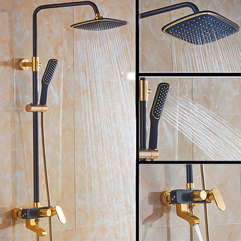 Columna de ducha grifo de baño de pared con rociador de latón cerámico oro negro - 4
