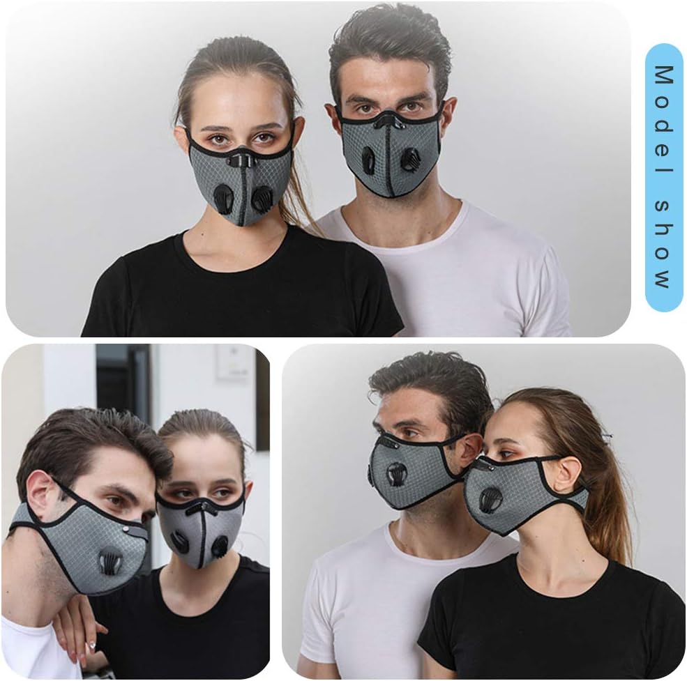 4 masques anti-poussière de sport + 12 filtres à charbon actif, réutilisables, travail du bois, tonte et course, cyclisme gris - 4