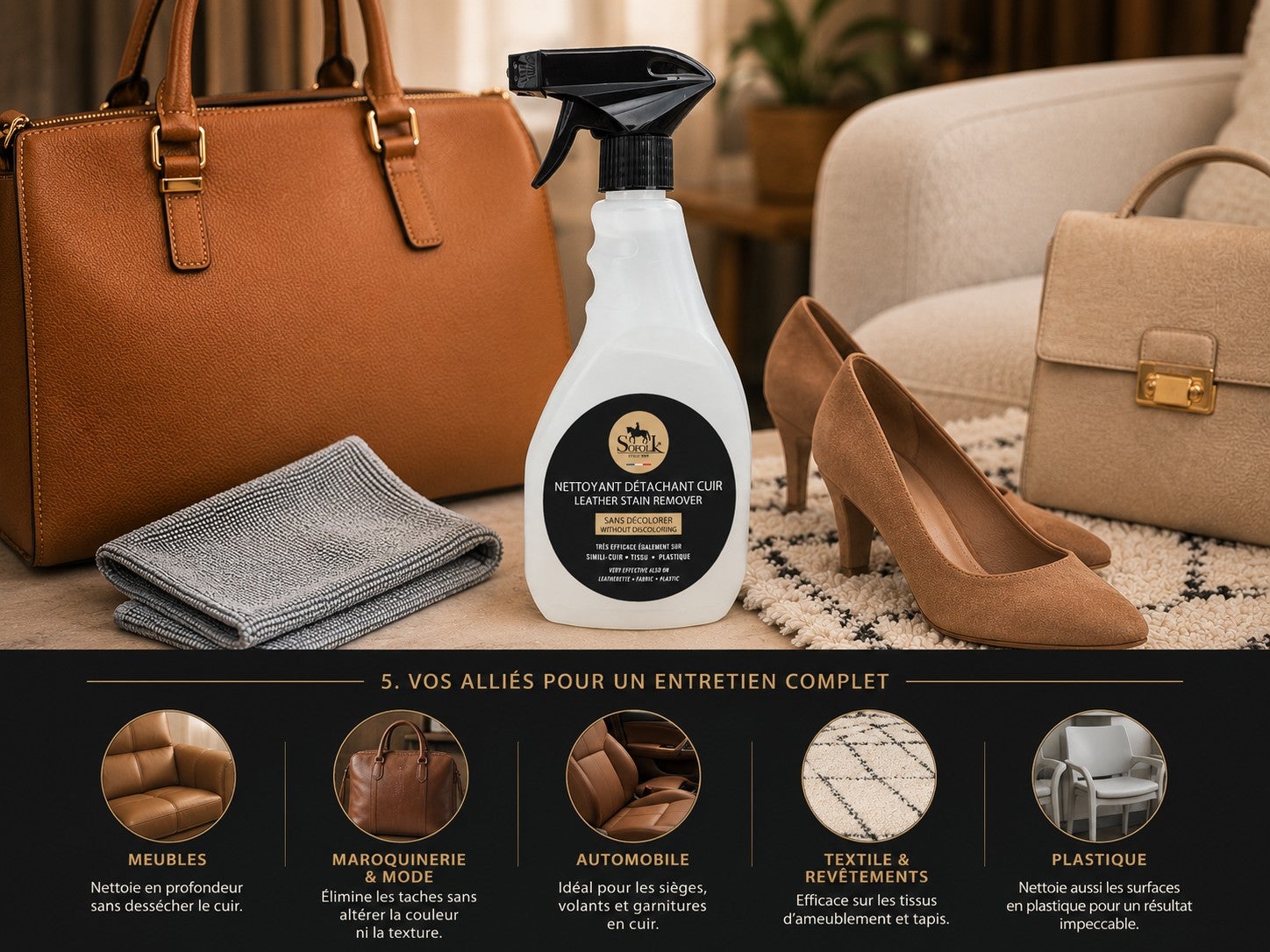 Nettoyant Détachant Puissant : Cuir, Simili-Cuir, Tissu, Nubuck, Daim, Plastique SOFOLK Pulvérisateur 750ml - 4