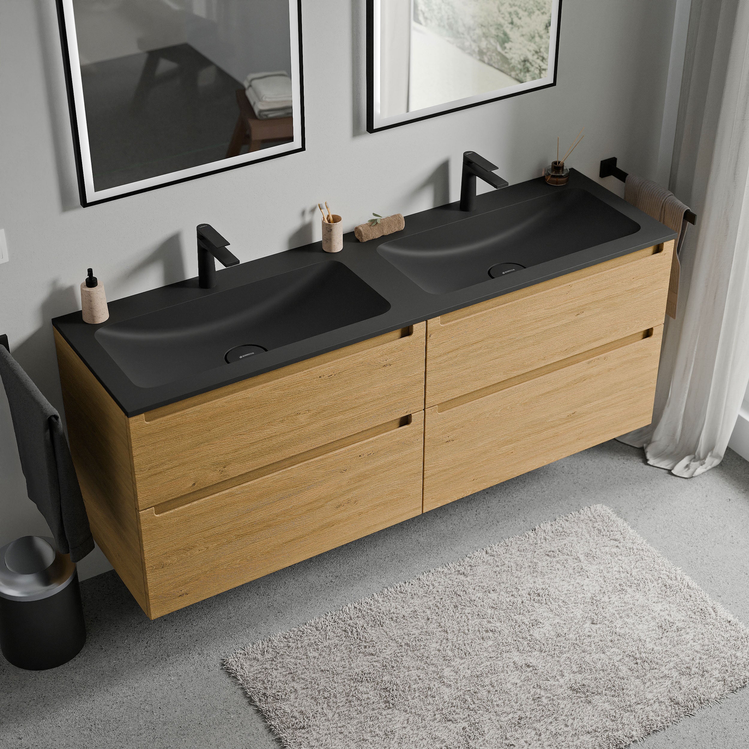 BERNSTEIN - Meuble double vasque suspendu MDF Chêne miel, lavabos fonte Noir mat + trous robinet, tiroirs pivotants - 160x46x62cm - VIREO - 2