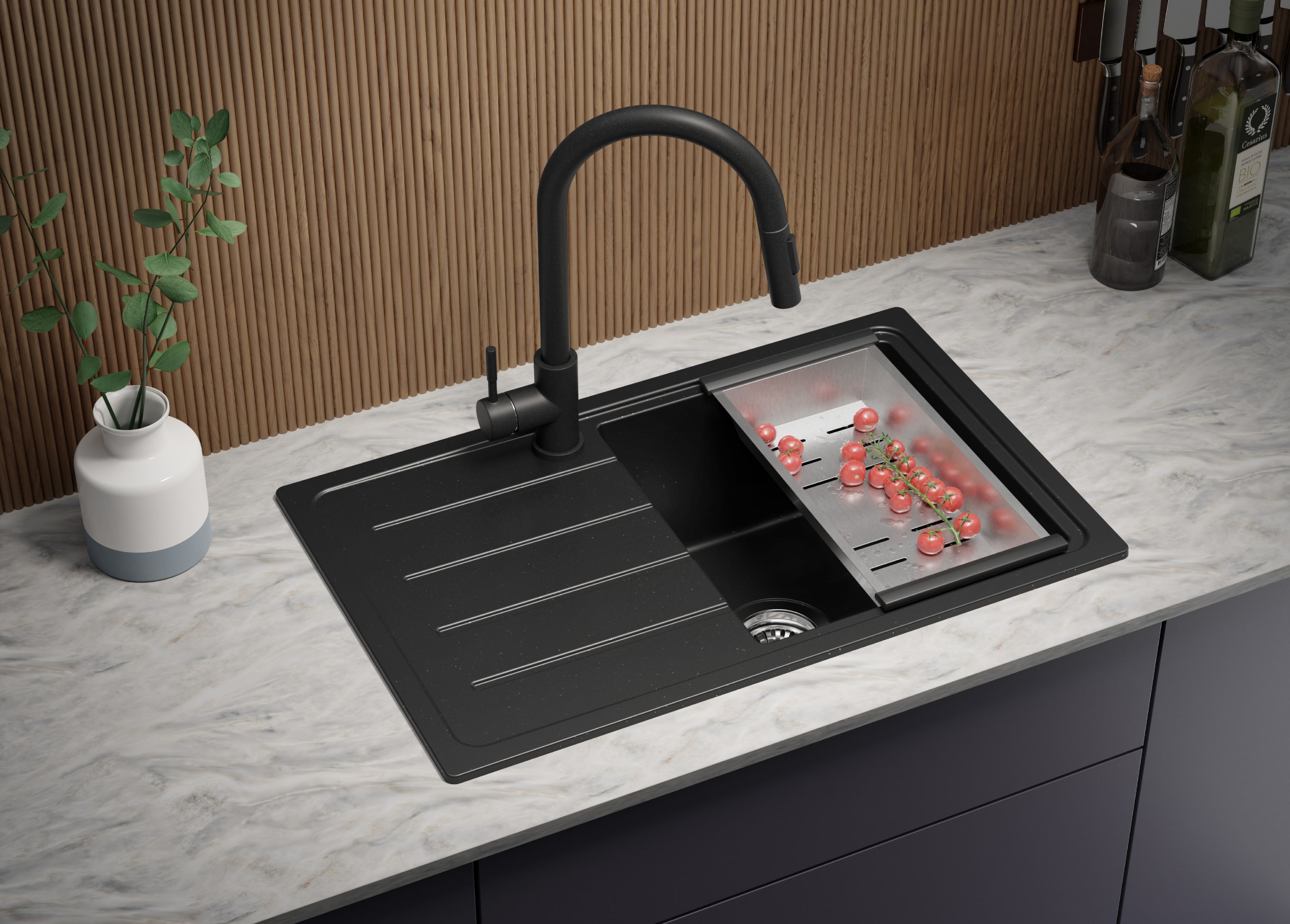 Evier Cuisine en Granit Noir Métallisé 70x44cm, Lavabo 1 bac + Kit de Vidage, Évier à Encastrer au meuble 45cm - Copenhague Easy PRIMAGRAN - 3