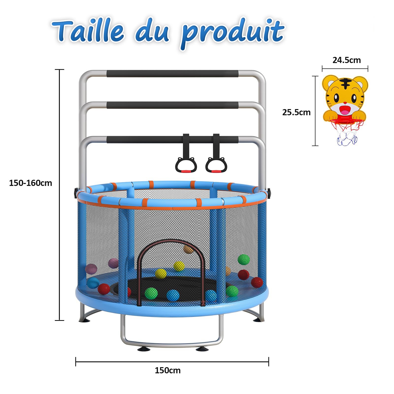 Trampolim Multifuncional Ø150 cm com Cesto de Basquetebol, Barra Circular, Argolas Suspensas, Rede de Descanso, Carga 150 kg - 3