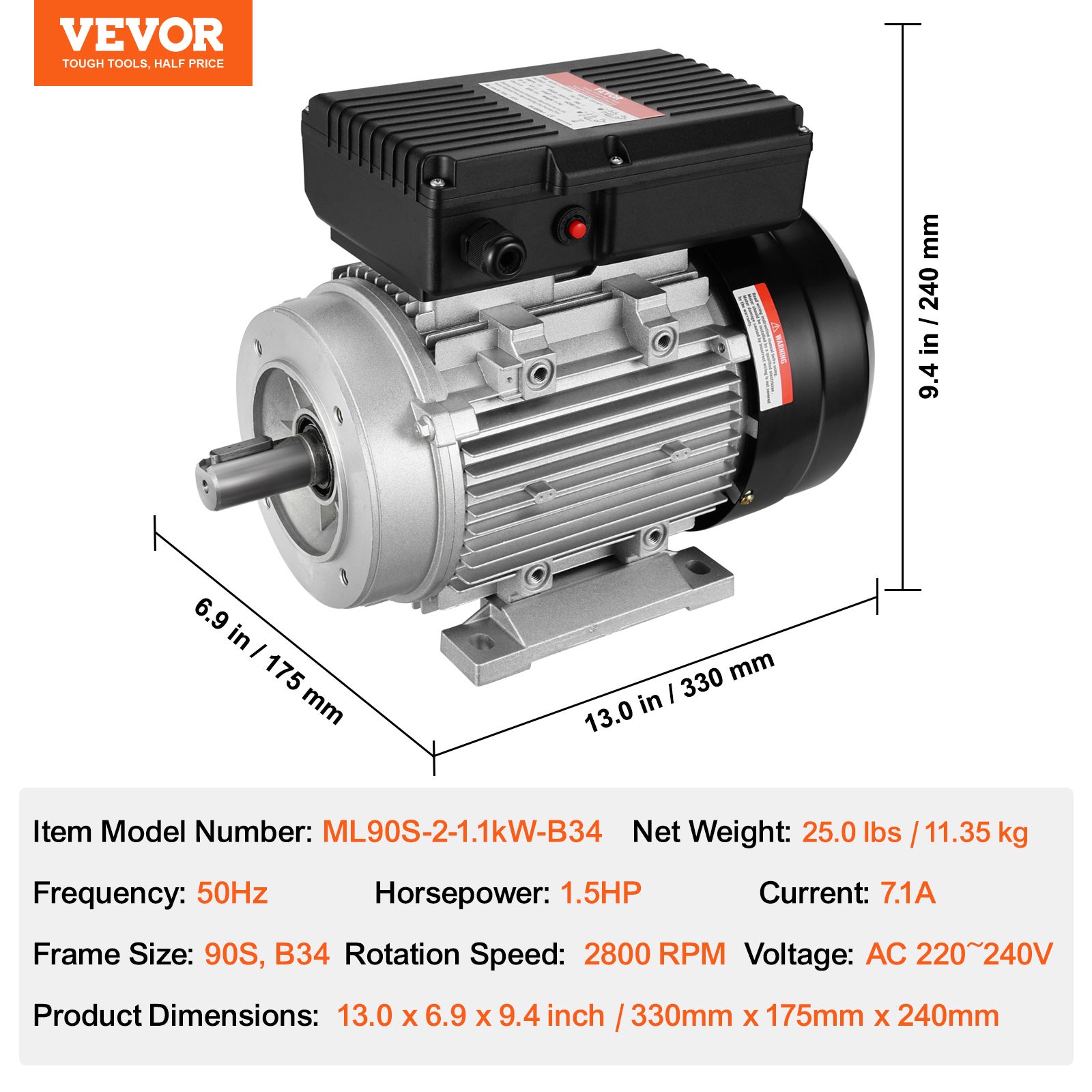 Moteur électrique VEVOR 1,1 kW moteur de compresseur d'air monophasé,2800 tr/min,CA 220-240 V,7,1 A,cadre 90S,B34,arbre clavette24 mm,rotation CW/CCW - 7