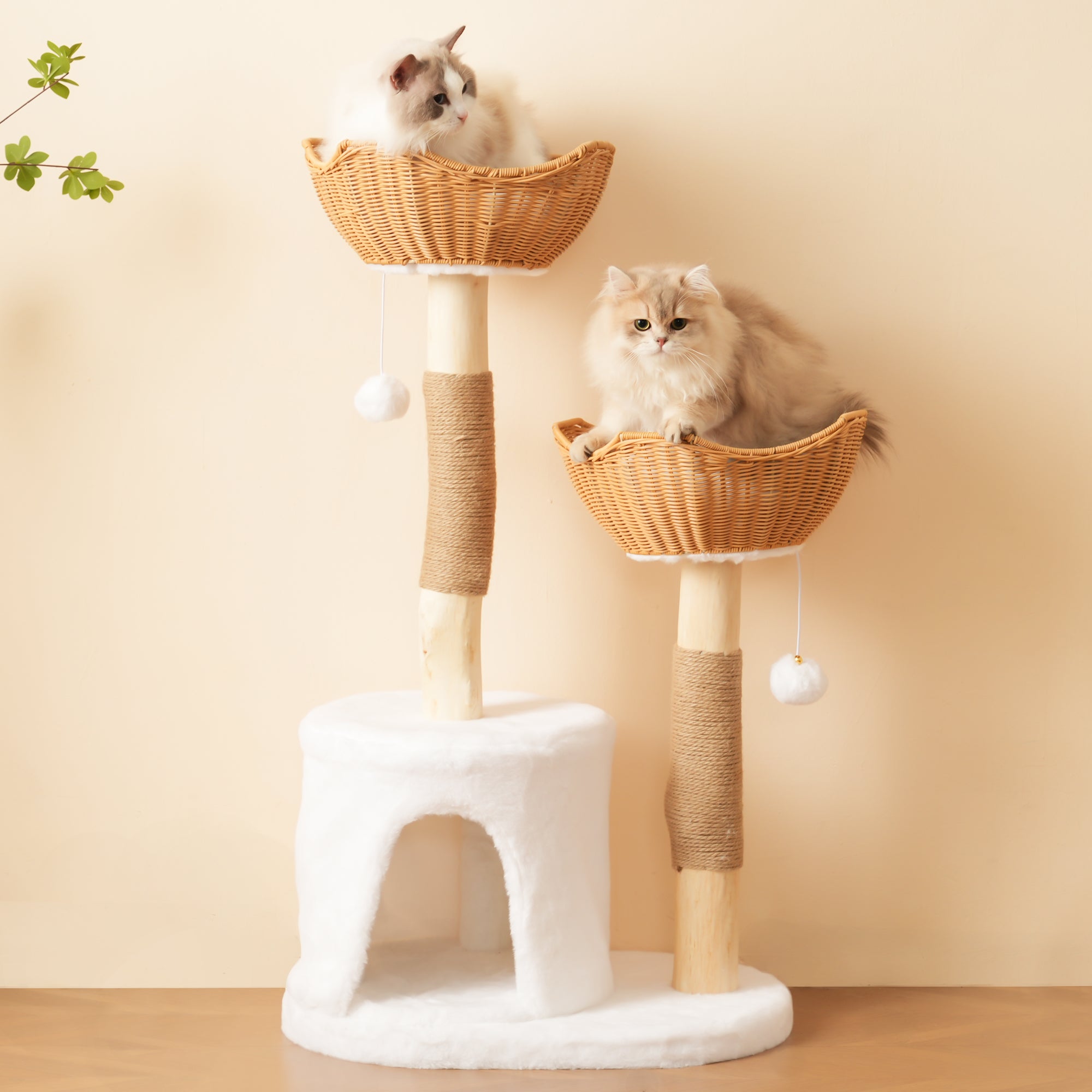 Arbre à chat avec 2 paniers et 1 niche - 60 x 42 x 108 cm - Bois massif et panier en PE - Naturel et blanc - 3