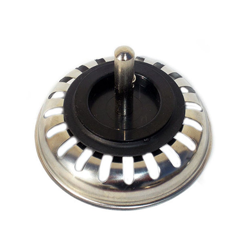 Tapón de fregadero de acero inoxidable. Con cierre de goma/caucho. Diámetro 8 cm. Acabado en cromo brillo y negro