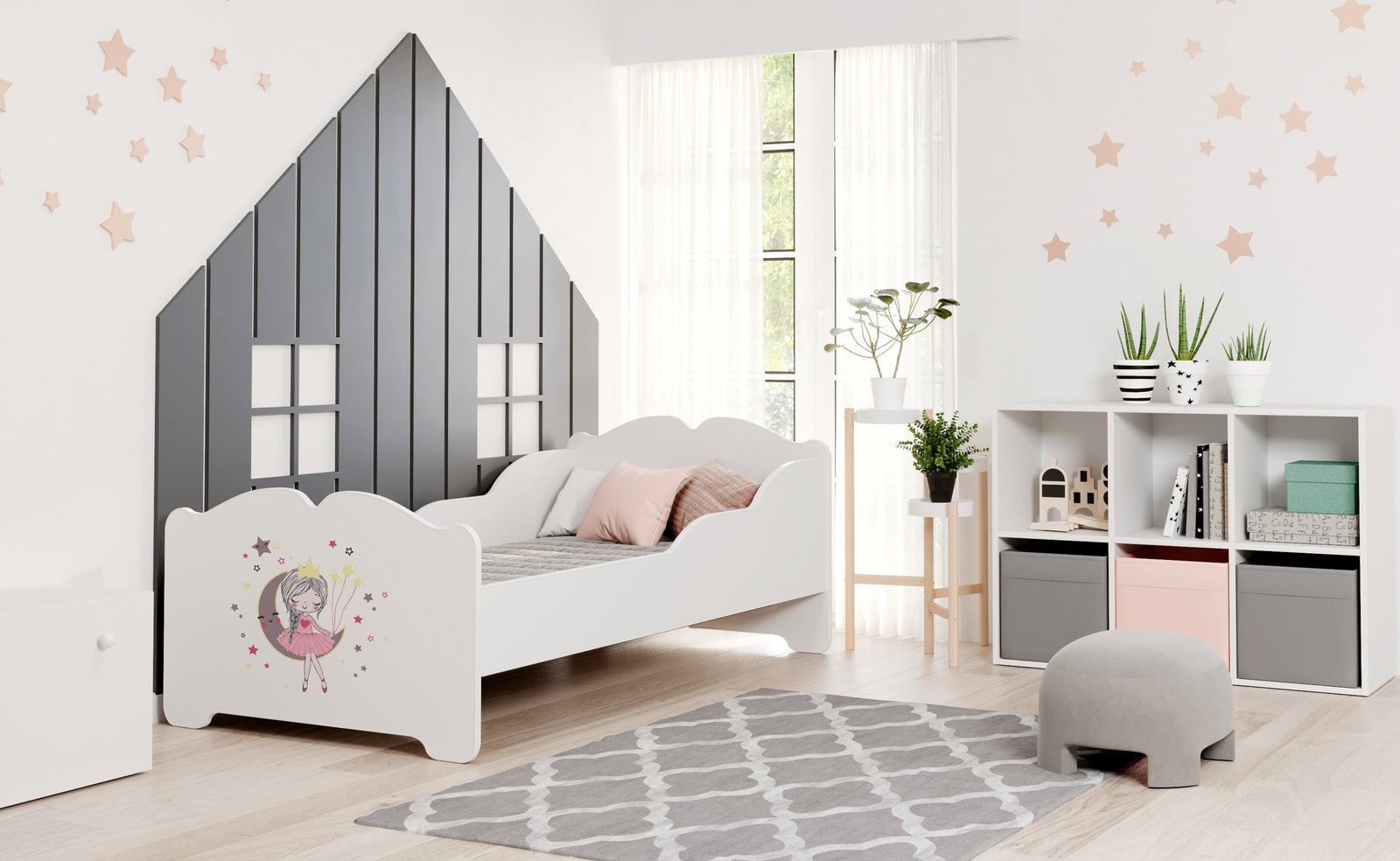 Białe Łóżko Dziecięce 140x70 cm z Motywem Śpiącej Królewny – Z Barierkami Bocznymi i Materacem – Nowoczesna i Bezpieczna Konstrukcja, Łatwy Montaż