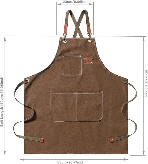 Tablier de Cuisine Tablier Barbecue Homme Tablier de Travail Femme avec Sangle Réglable et 3 Poches Tabliers Toile pour Serveurs Cuisson，marron - 2