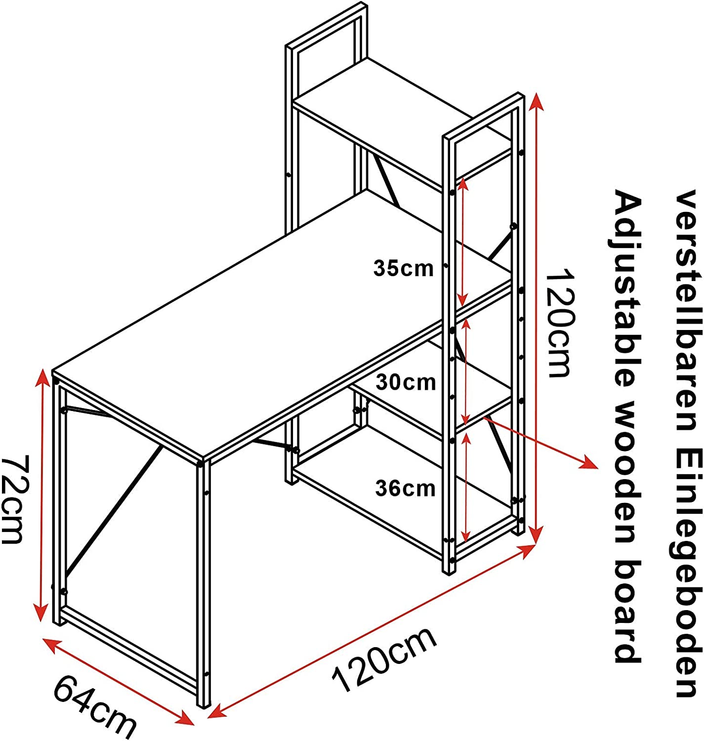 Table de Bureau avec étagère de Rangement Bureau d'ordinateur Stable et Robuste env,120x64x120 cm,Noir+Chêne Clair,WOLTU - 5