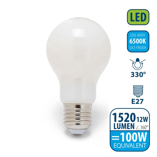 Ampoule à filament LED opale, standard A60, 12W / 1520lm, culot E27, 6500K