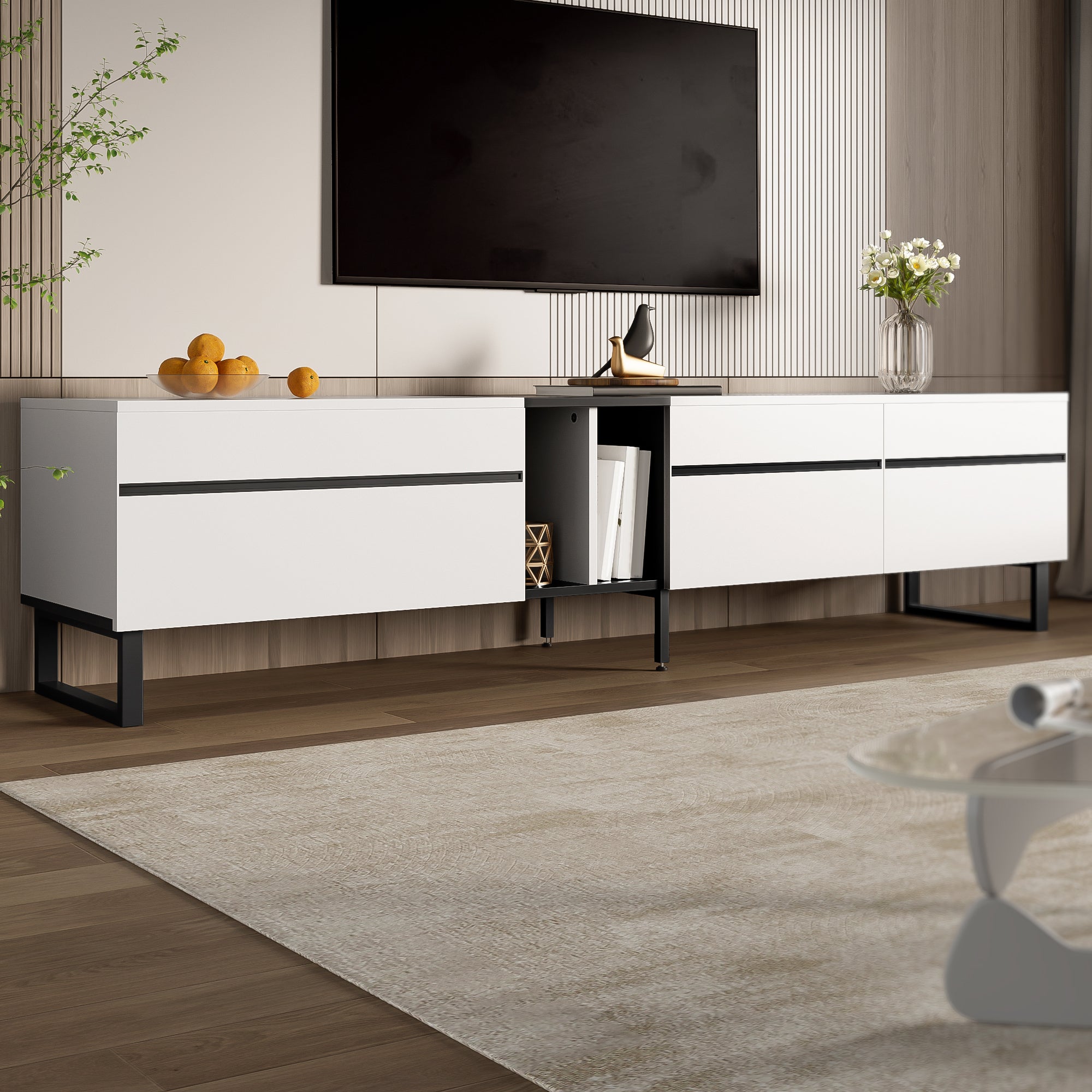 Stolik pod TV z 3 drzwiami i 2 półkami - 180 x 38 x 45 cm - Płyta wiórowa - Biały - 8