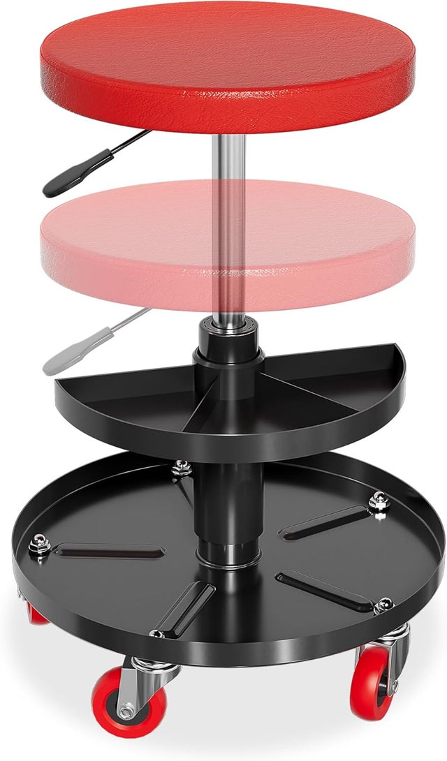 Tabouret de travail pivotant réglable hauteur avec roulettes plateau rangement charge 130kg atelier garage