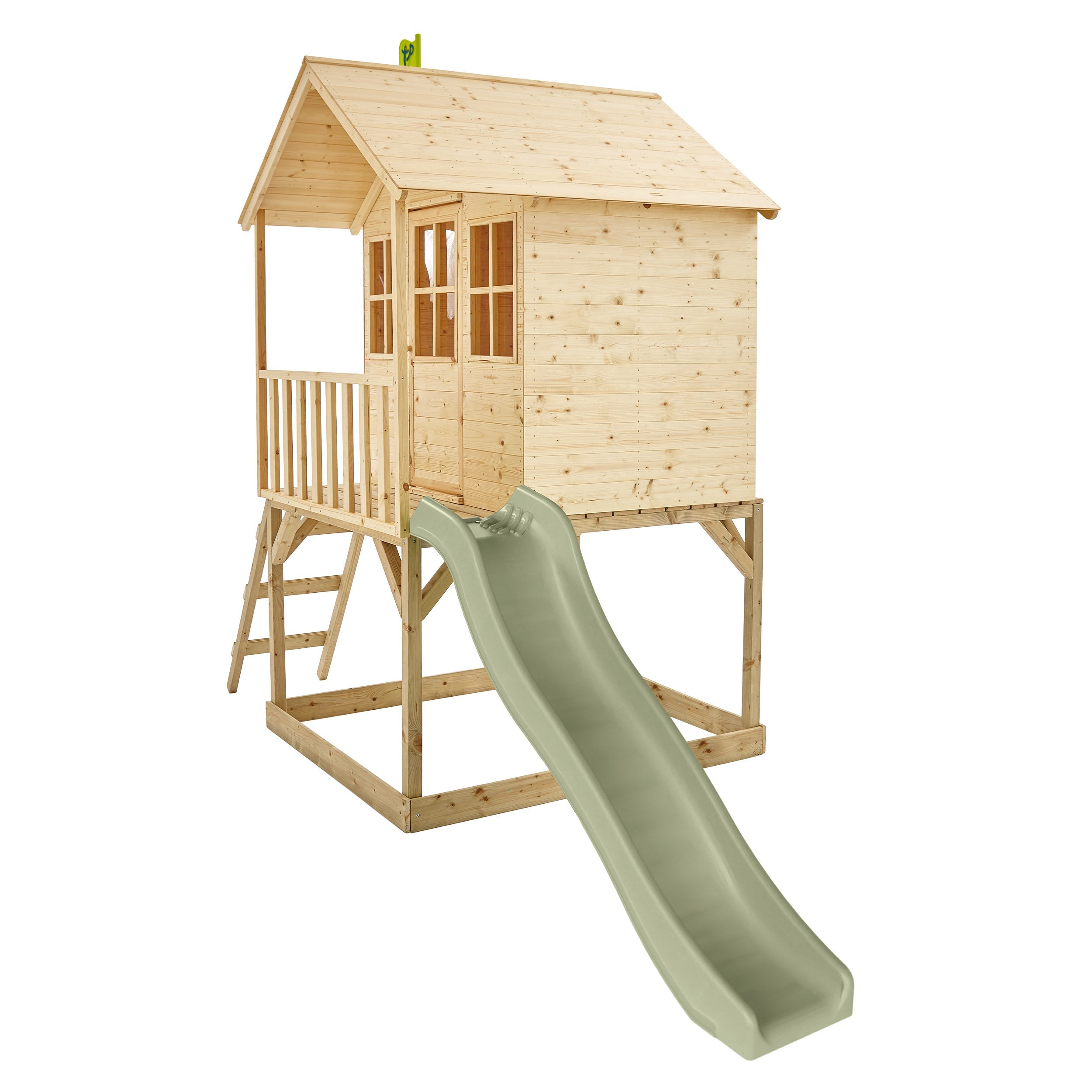 Maisonnette cabane sur pilotis en bois FSC® avec toboggan vert kaki COLLINE - 4