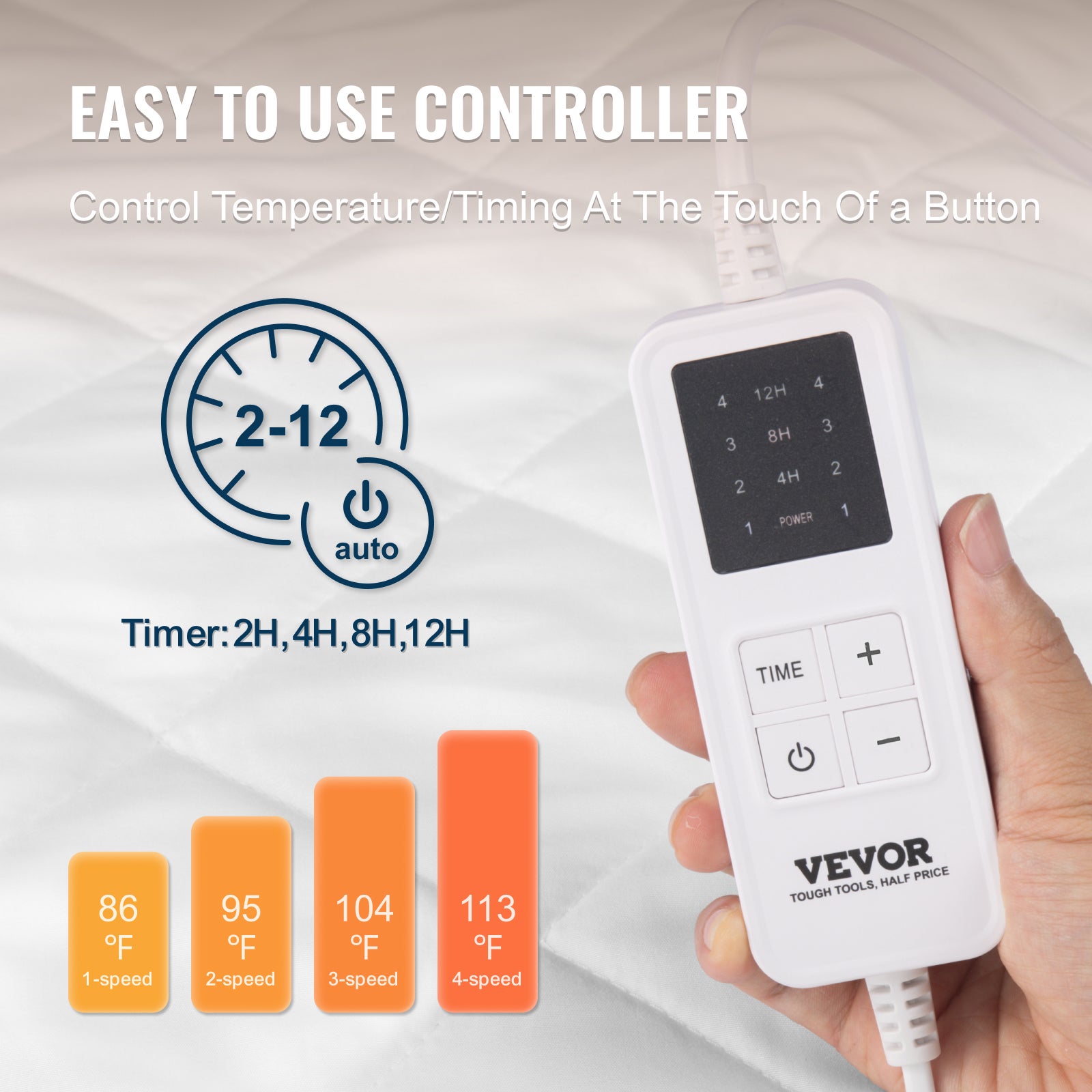 Surmatelas Chauffant 150x80 cm,VEVOR Chauffe-lit Électrique en Tissu Brossé avec 4 Niveaux de Chauffage,Minuterie 12H,Sangles Profondes Élastiques - 5