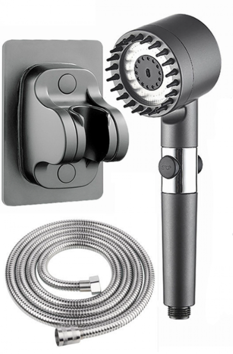 Pommeau De Douche Haute Pression 4 Modes Avec Tuyau 1.5m - Anti Calcaire, Économie D'Eau, Gris - Support Inclus