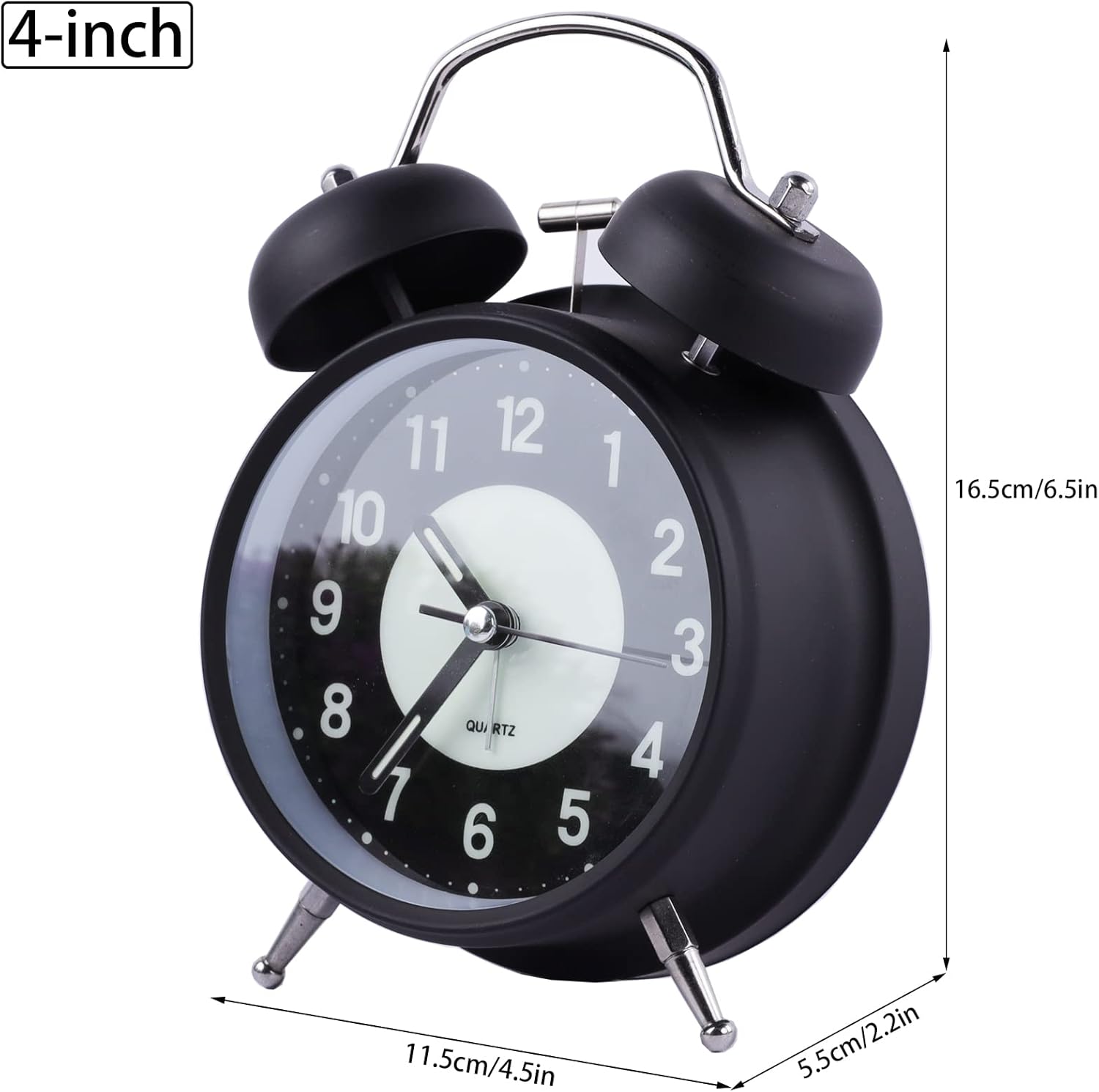Réveil lumineux 4 pouces, réveil rétro analogique à quartz à double cloche sans ticket avec alarme sonore et veilleuse, boîtier en métal (noir) - 4