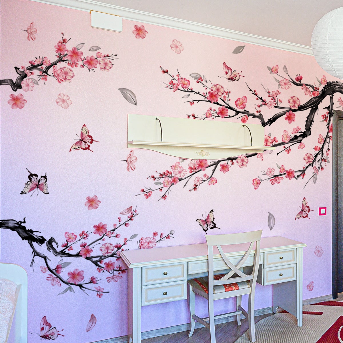 Sticker mural branche de fleur de prunier rose, sticker mural décoratif papillon fleur tombante, adapté à la chambre d'enfant,chambre à coucher,salon - 4